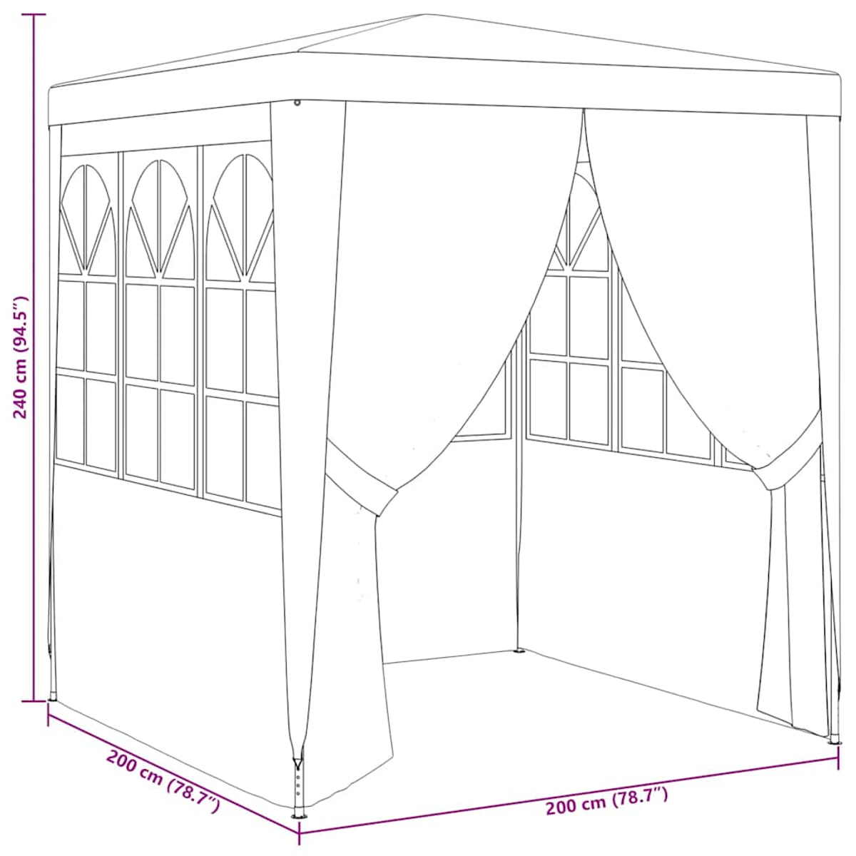 Disegno a tratto di un gazebo con dimensioni etichettate. Ha tende e finestre. Le dimensioni sono 200cm x 200cm x 240cm.