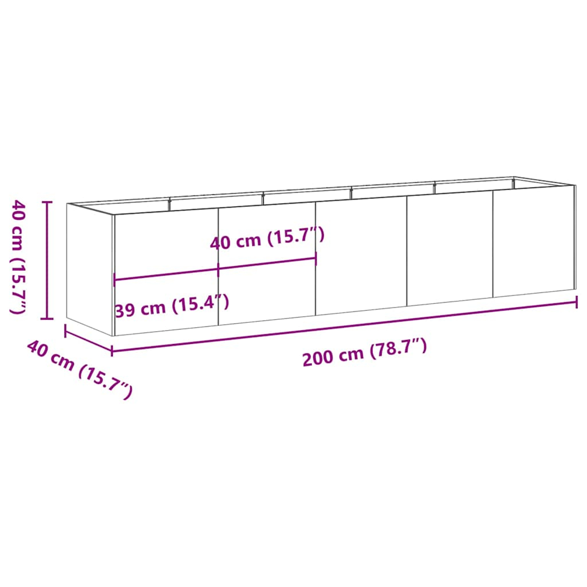 Ein weißer Schrank mit Maßangaben. Er ist 200 cm lang, 40 cm hoch und die Türen sind 39 cm und 40 cm breit.
