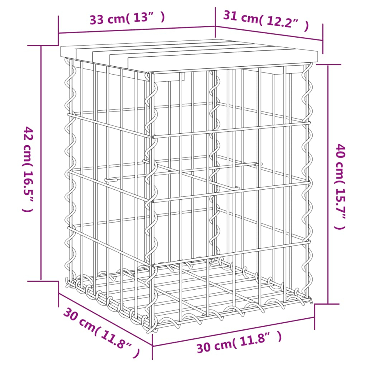 Ein Drahtwürfel mit Holzplatte. Abmessungen sind beschriftet: 33 cm, 31 cm, 42 cm, 40 cm und 30 cm. Die Linien sind dünn und dunkel.