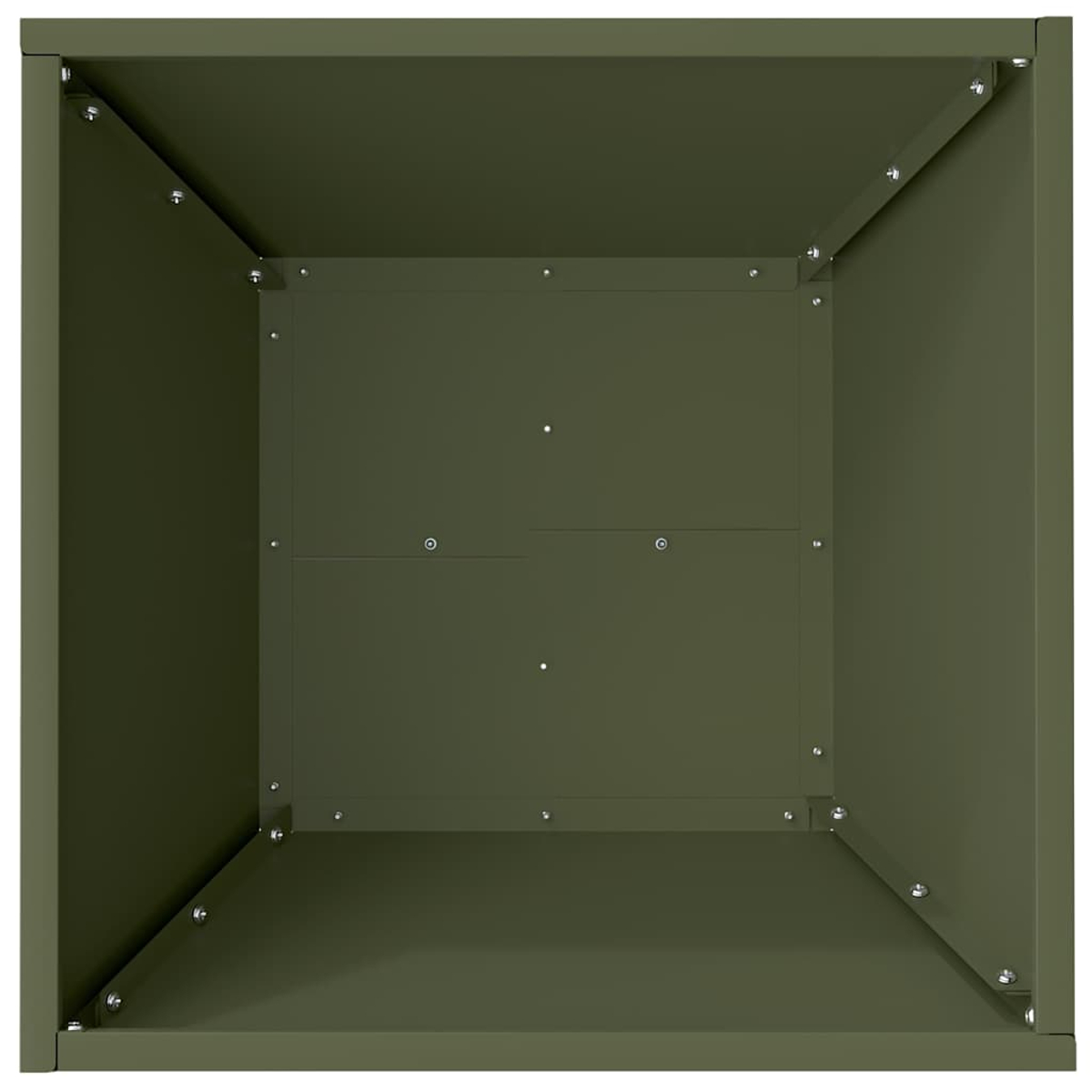 Vista dall'alto di una scatola di metallo vuota, verde oliva. La scatola è quadrata con viti visibili agli angoli e sulle pareti interne.