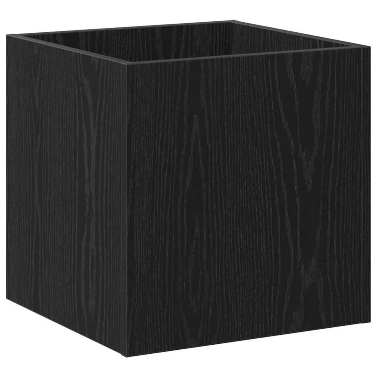 Una scatola quadrata in legno con la parte superiore aperta e finitura a venature scure. La scatola è vuota, mostra l'interno. Le venature sono verticali.