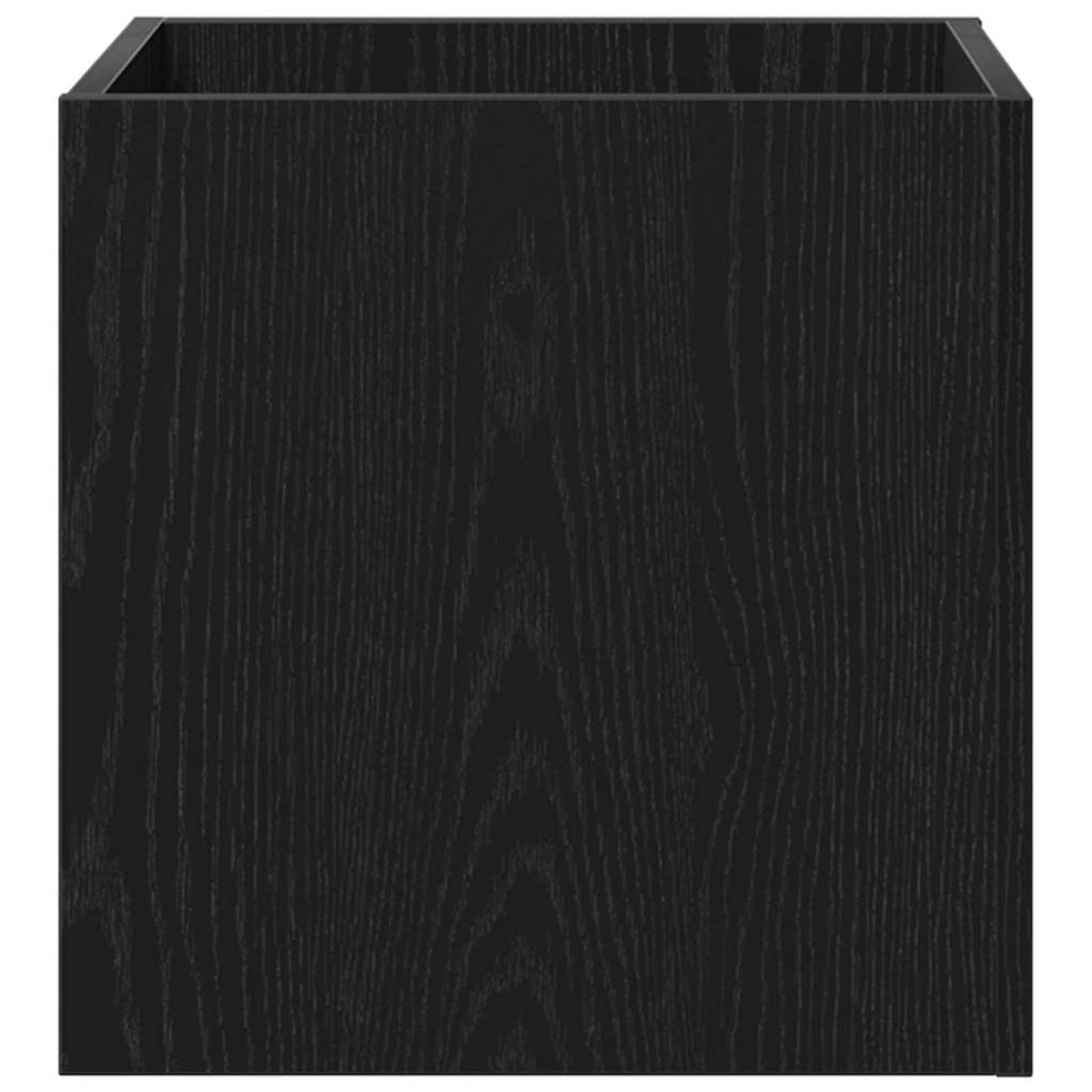 Una scatola di legno nera e quadrata con venature visibili. L'interno è vuoto. Un bordo in metallo scuro incornicia l'apertura superiore della scatola.