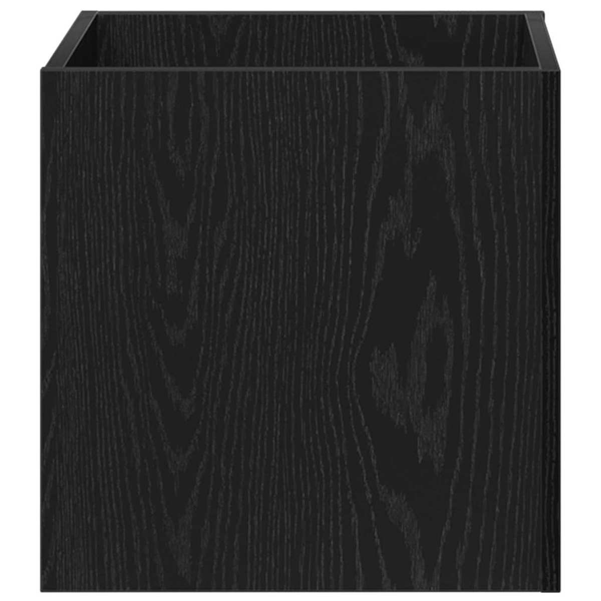 Una scatola quadrata di legno nero con venature visibili. Il bordo superiore ha una sottile cornice metallica. Interno vuoto.