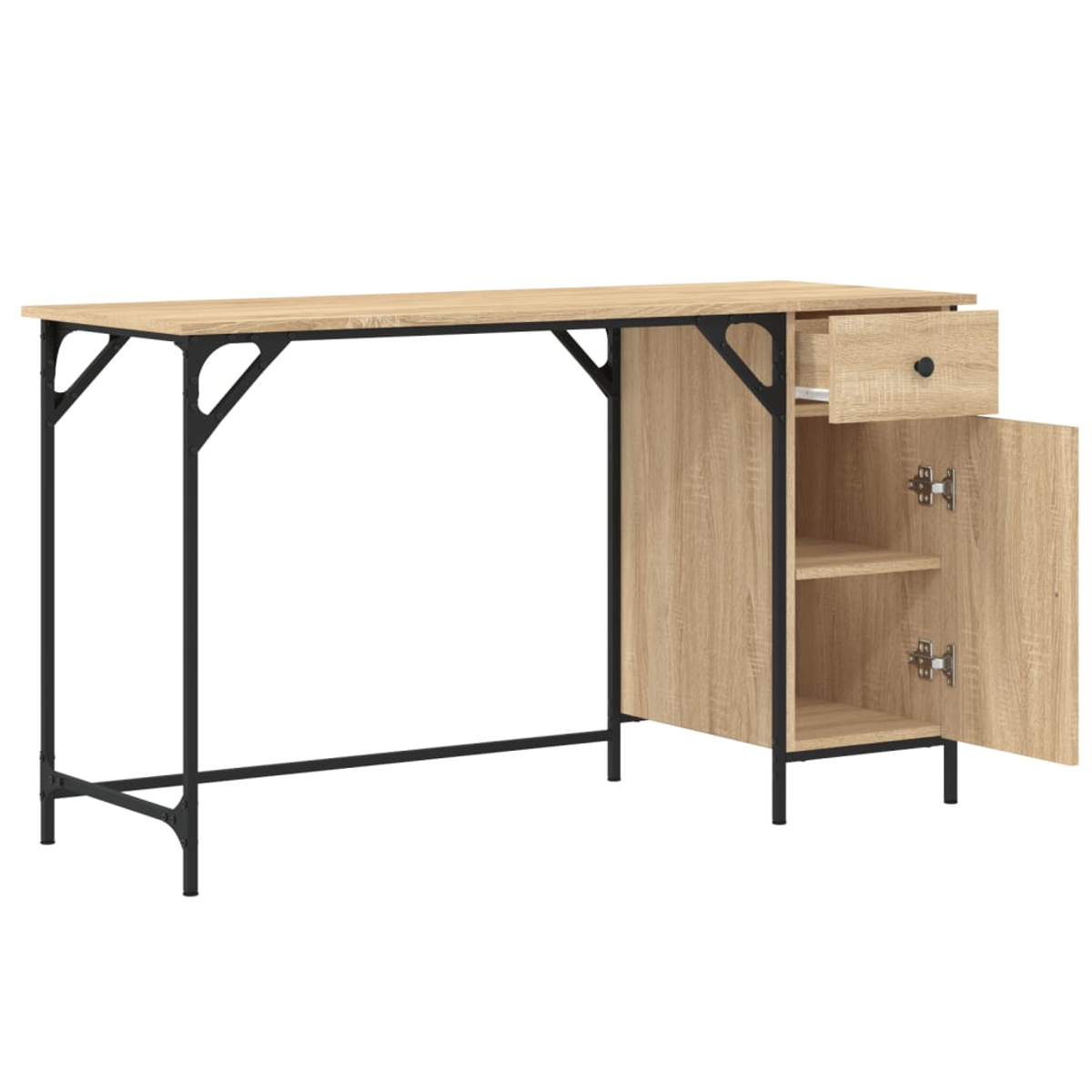 Ein heller Holzschreibtisch mit schwarzen Metallbeinen. Er hat eine Schublade und einen Schrank mit offener Tür. Der Hintergrund ist weiß.