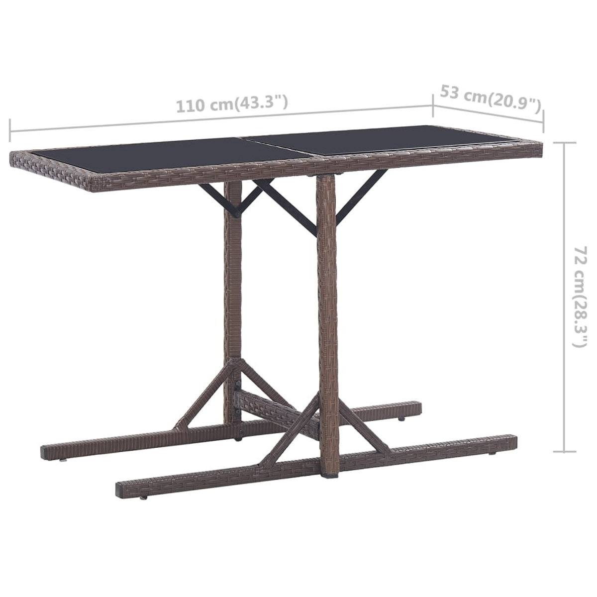 Brauner Outdoor-Bartisch aus Korbgeflecht. Er hat eine schwarze Tischplatte und ist 110 cm lang, 53 cm breit und 72 cm hoch.