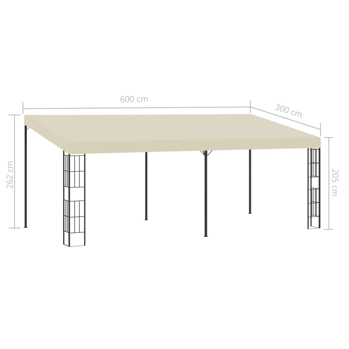 Gazebo beige con supporti neri. Dimensioni etichettate: 600cm x 300cm x 262cm x 205cm. Lo sfondo è bianco.