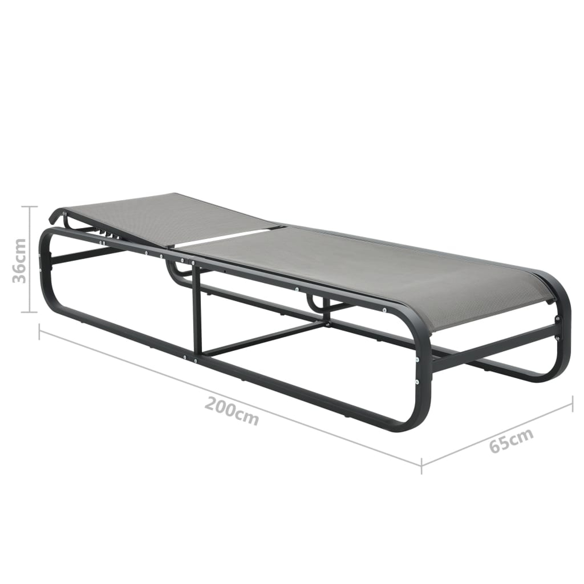 Eine graue und schwarze Outdoor-Liege. Abmessungen: 200 cm lang, 65 cm breit und 36 cm hoch.