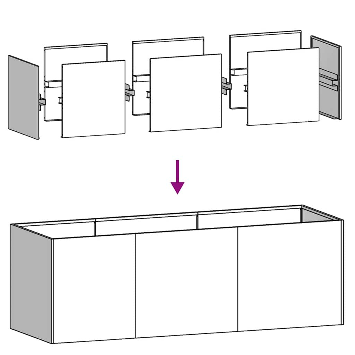 Un'illustrazione mostra il processo di assemblaggio di un armadio. Sopra, i pannelli sono staccati. Sotto, l'armadio è assemblato, con una freccia che indica il processo.