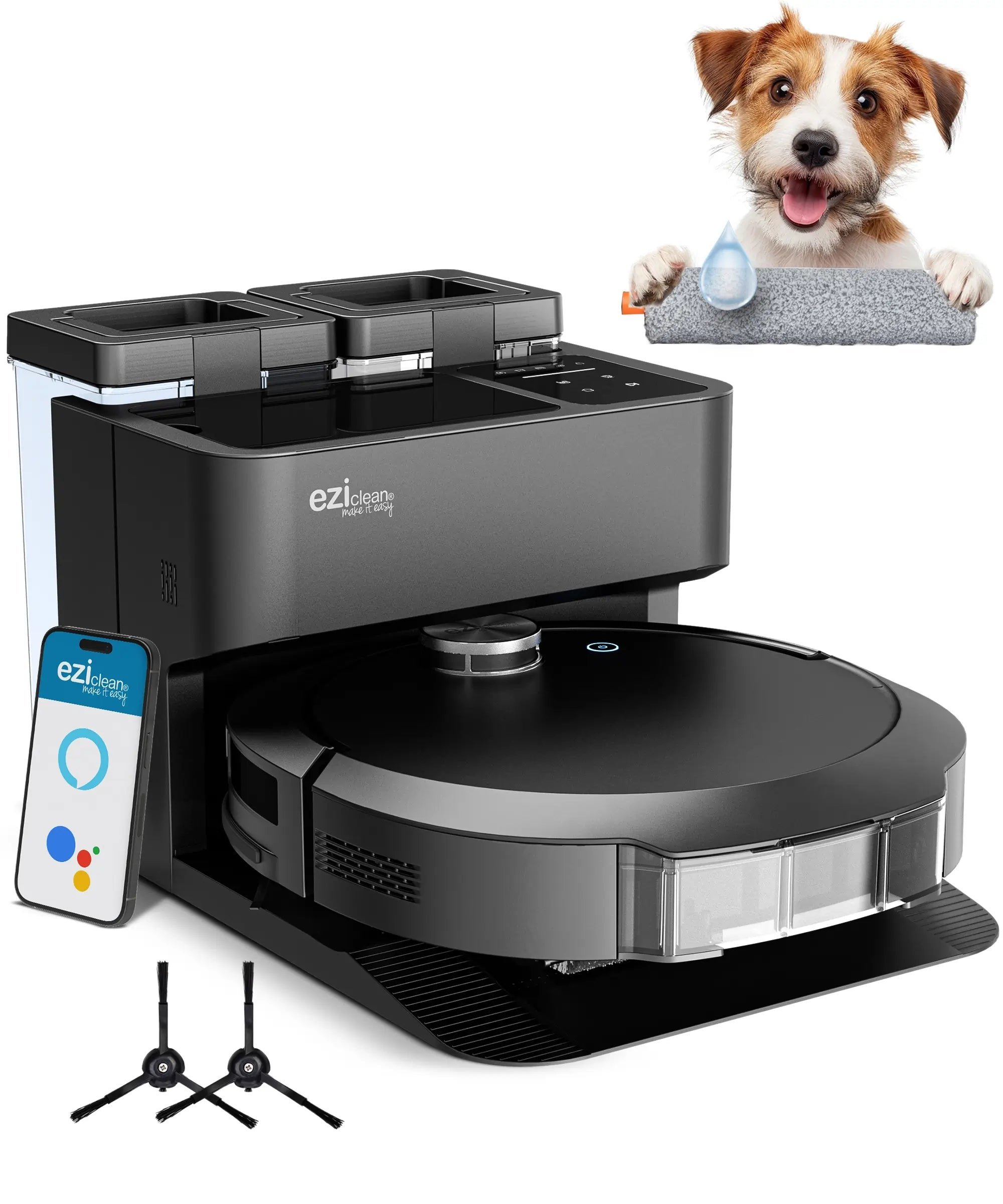 Robot odkurzający z psem trzymającym narzędzie do czyszczenia. Obok odkurzacza znajduje się smartfon.