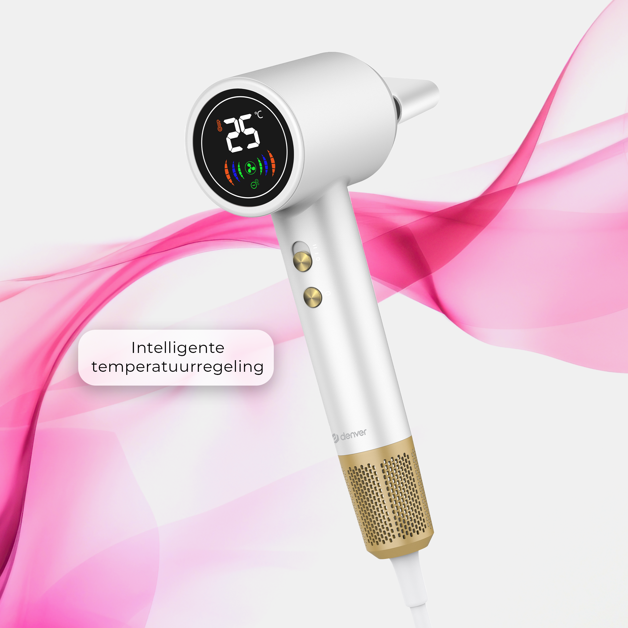 Białe i złote narzędzie do stylizacji włosów wyświetla 25°C. Tło ma różowe wiry z napisem 'Intelligente temperatuurregeling'.