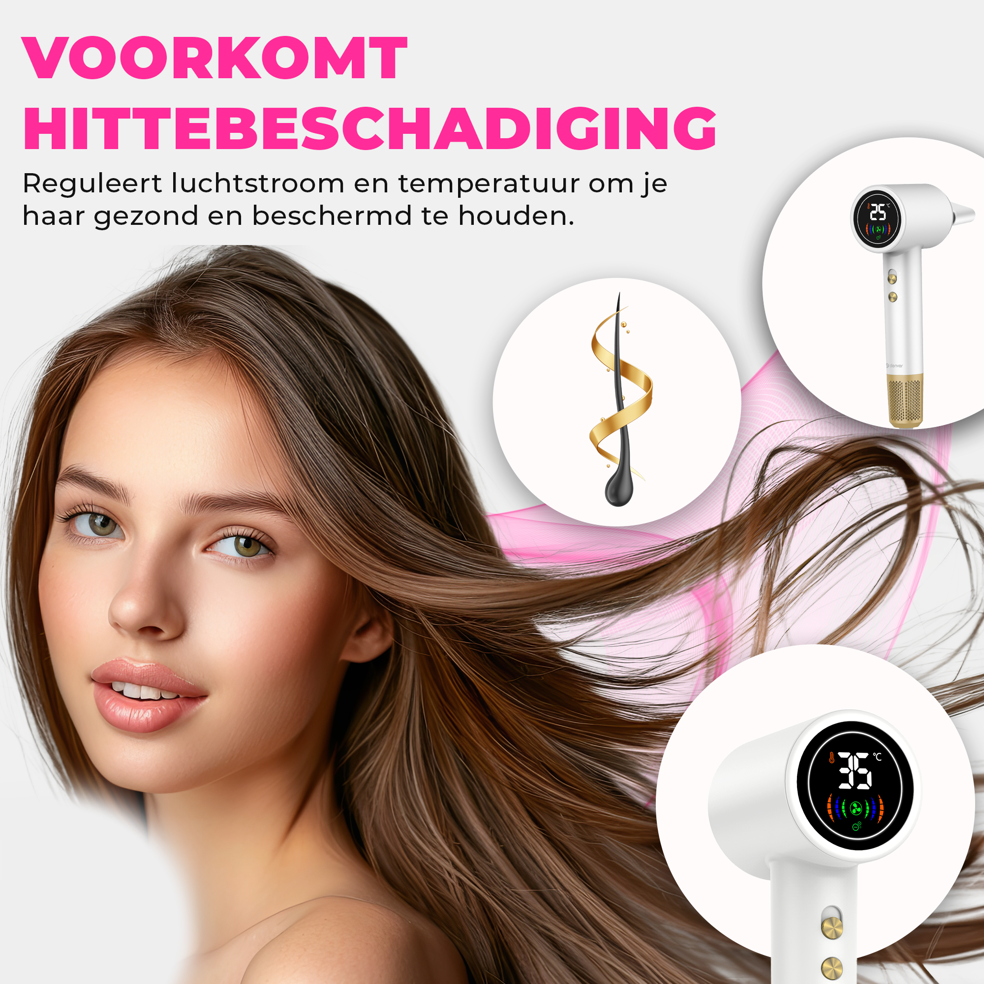 Kobieta z powiewającymi włosami. Suszarka do włosów i grafika zdrowych włosów na białym tle.