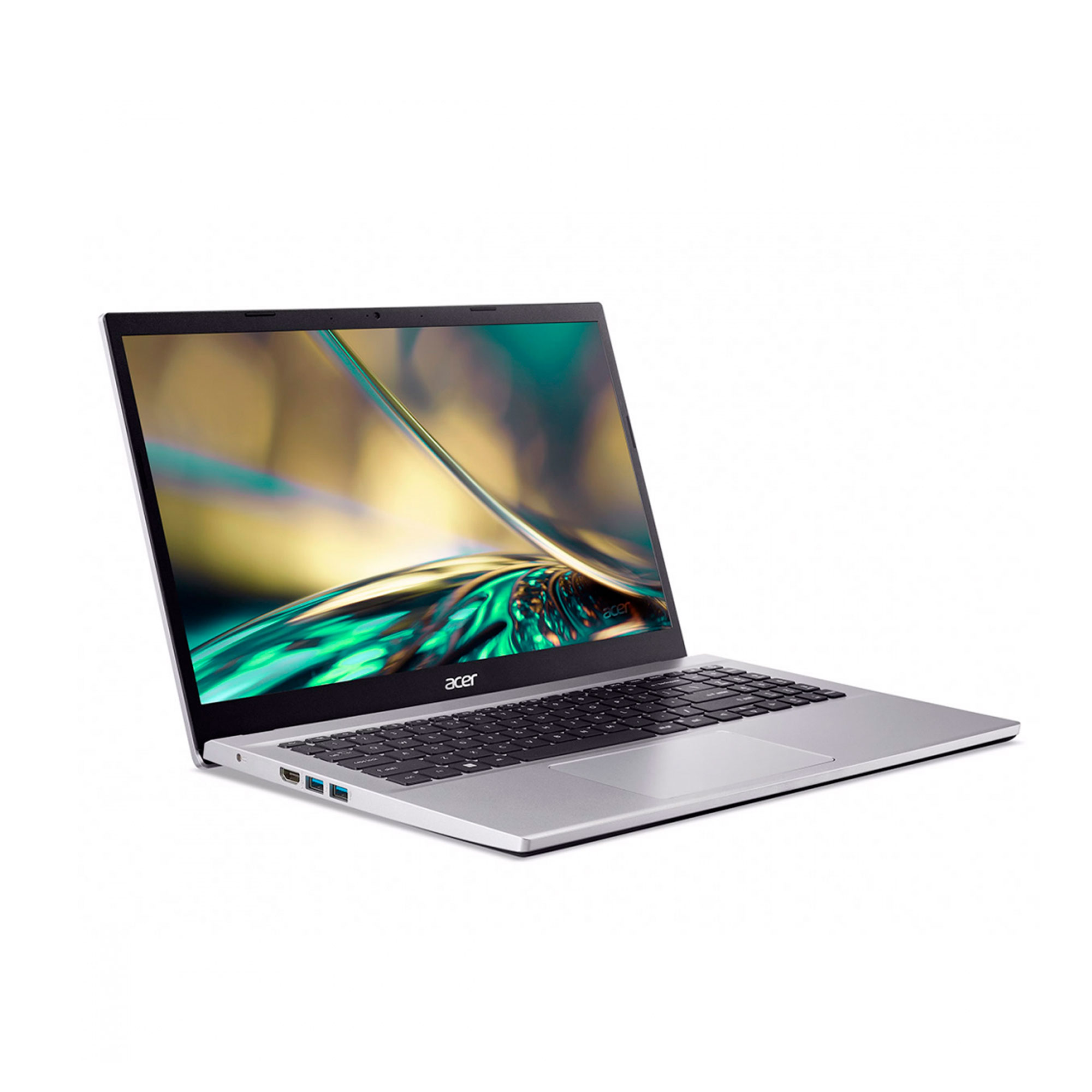 Una computadora portátil Acer plateada está abierta sobre una superficie blanca. La pantalla muestra una imagen abstracta colorida. El fondo es blanco.