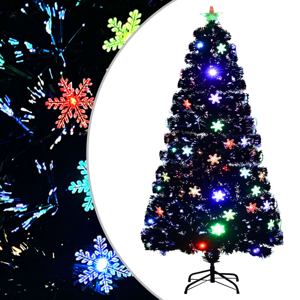 Ein schwarzer Weihnachtsbaum mit bunten Schneeflockenlichtern und einem Stern oben steht vor einem weißen Hintergrund. Dekorative Schneeflocken sind links.