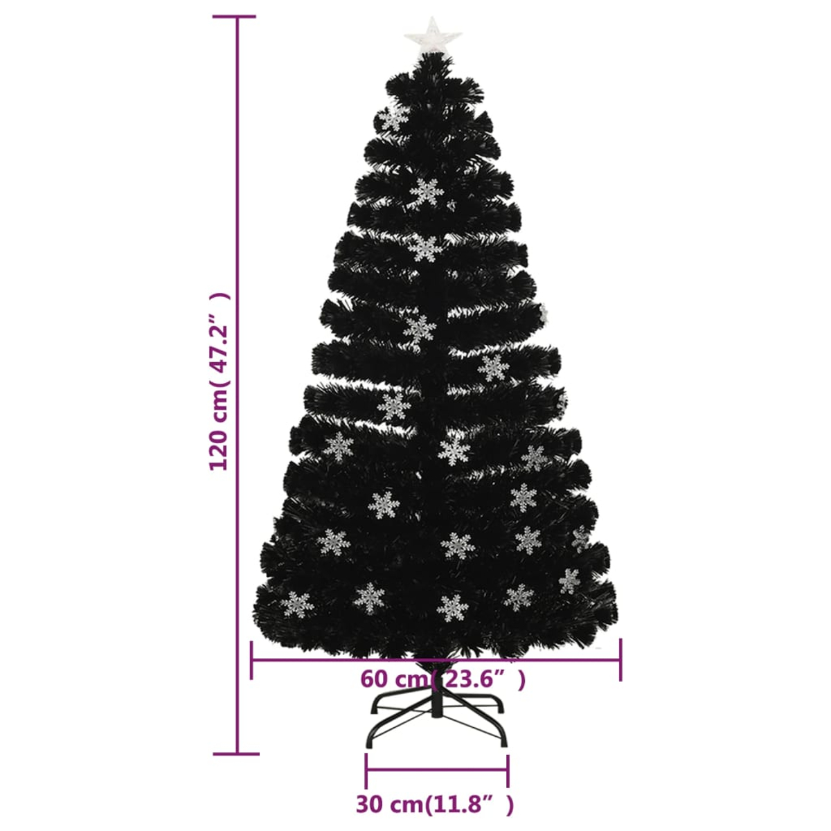 Ein schwarzer Weihnachtsbaum mit weißen Schneeflocken. Ein weißer Stern oben, mit Maßen in Zentimetern und Zoll.