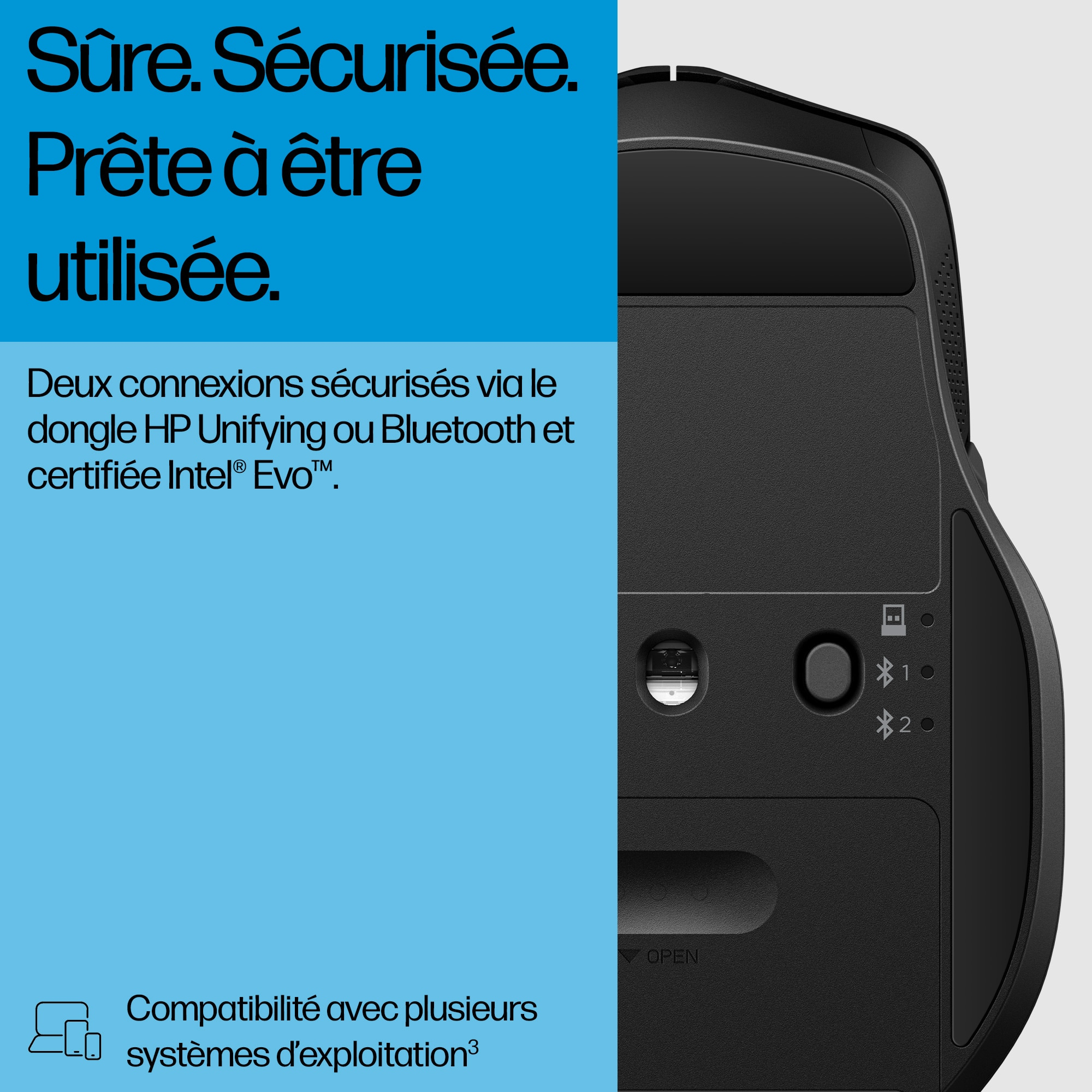 Czarna mysz z przyciskami i kółkiem przewijania, spód ma przycisk otwierania. Niebieski tekst.