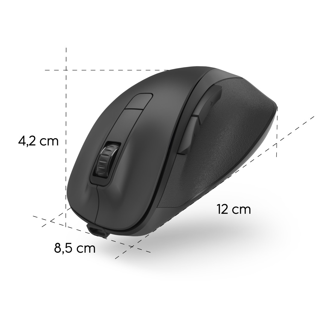 Un mouse nero senza fili con dimensioni indicate. La sua lunghezza è di 12 cm, la larghezza 8,5 cm e l'altezza 4,2 cm. Ha una rotella e pulsanti.