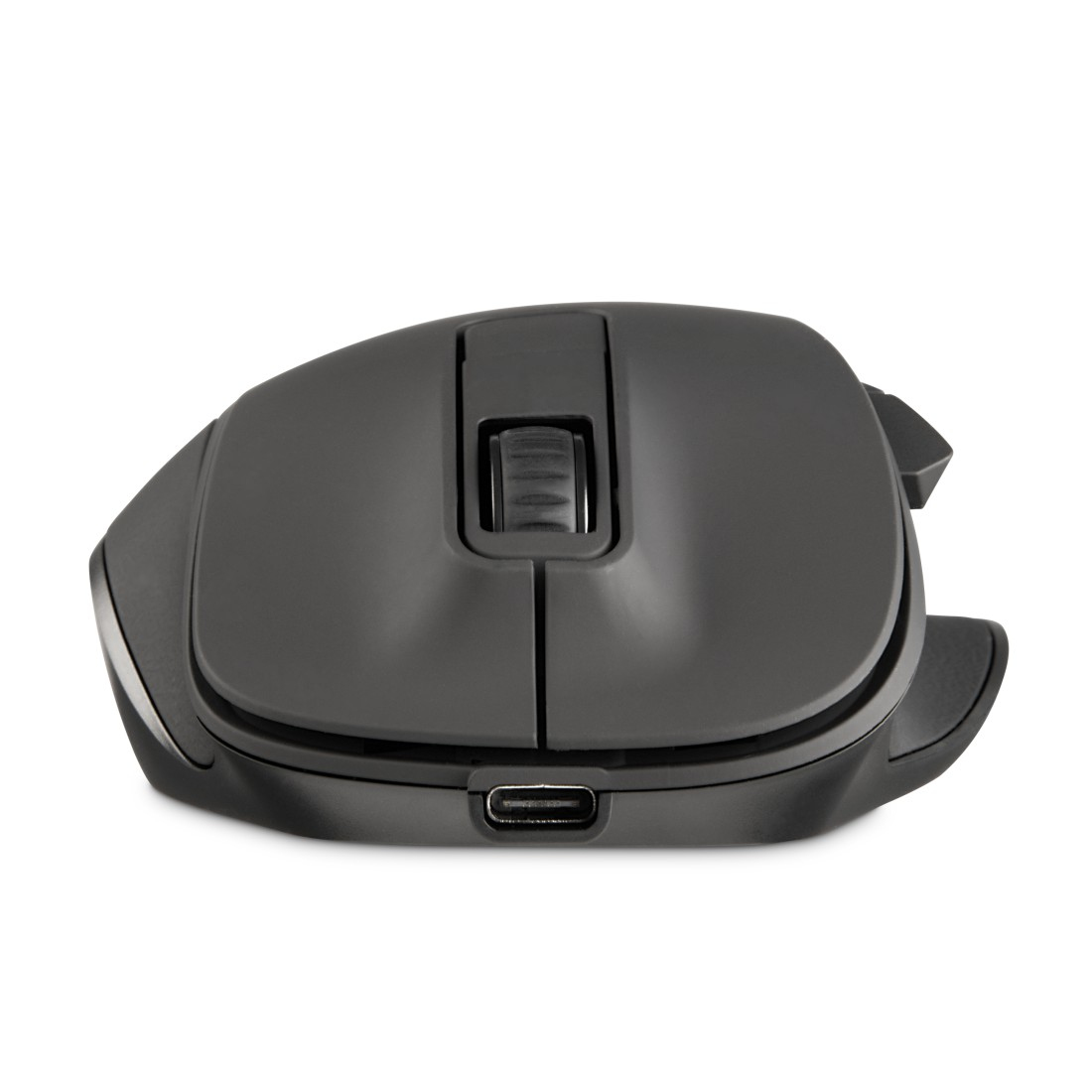 Un mouse per computer grigio scuro, visto dall'alto, con rotella, pulsanti e porta USB-C, isolato su sfondo bianco.