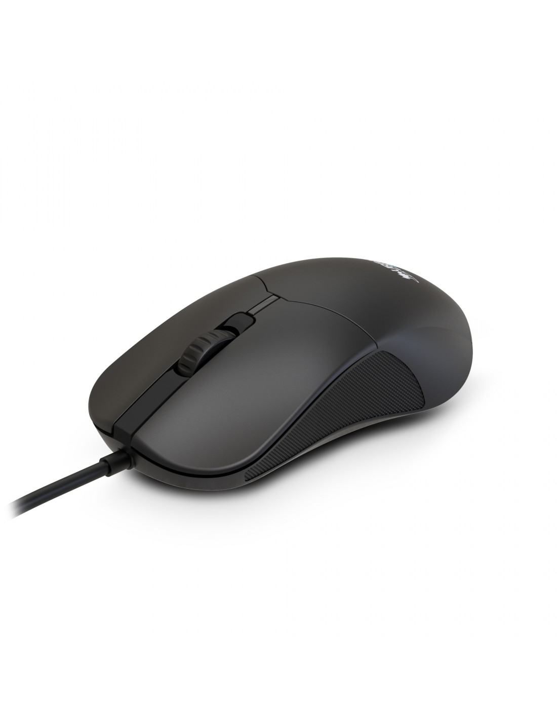 Un ratón de ordenador negro sobre fondo blanco. El ratón tiene una rueda de desplazamiento y un agarre lateral texturizado. Un cable negro se extiende.