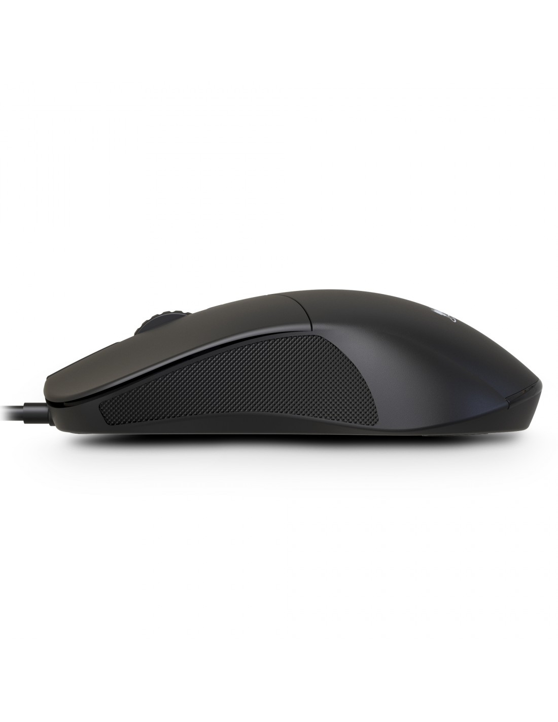 Un ratón de ordenador negro sobre fondo blanco. Tiene una rueda de desplazamiento y un agarre lateral texturizado. El ratón es con cable.