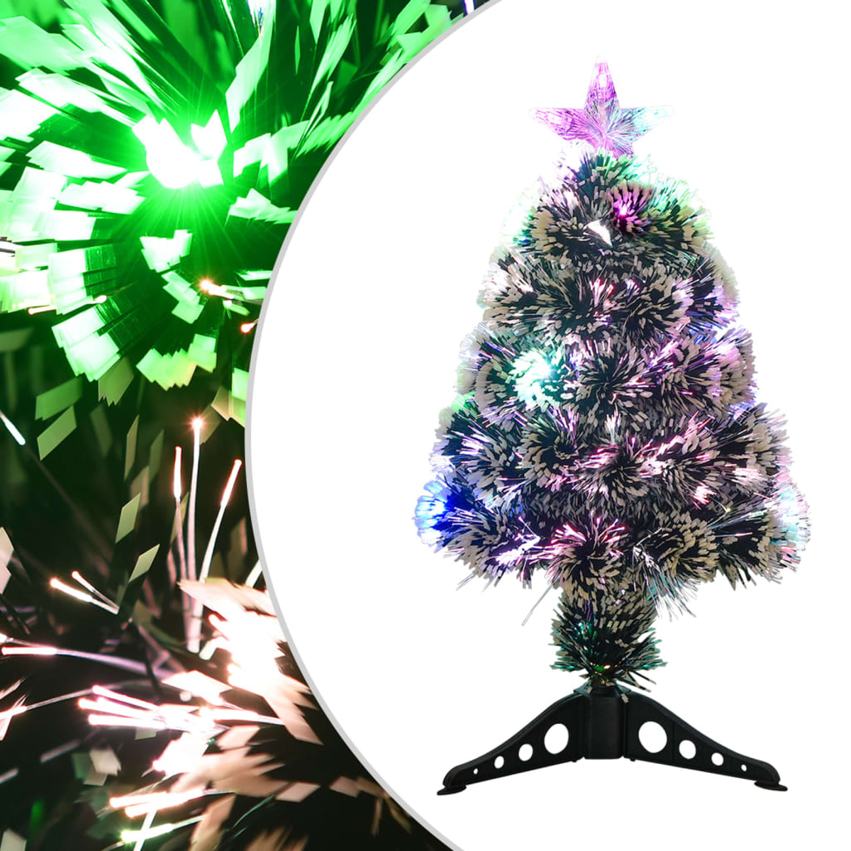 Ein kleiner, beleuchteter Weihnachtsbaum mit Stern. Im Hintergrund grüne Lichtblitze. Der Baum hat einen schwarzen Fuß.