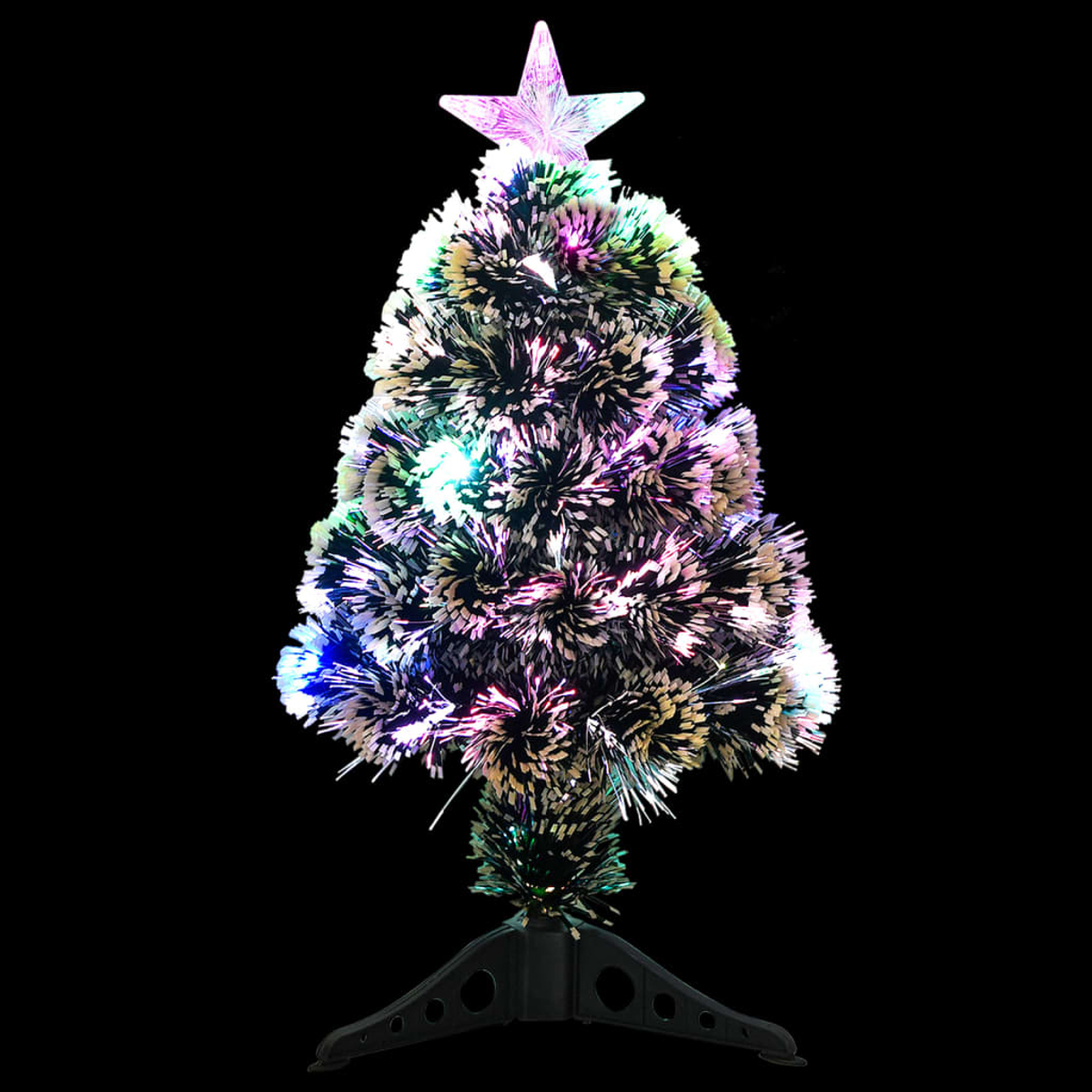 Ein kleiner Weihnachtsbaum mit bunten Lichtern und einem Stern. Er steht auf einem schwarzen Ständer vor schwarzem Hintergrund.