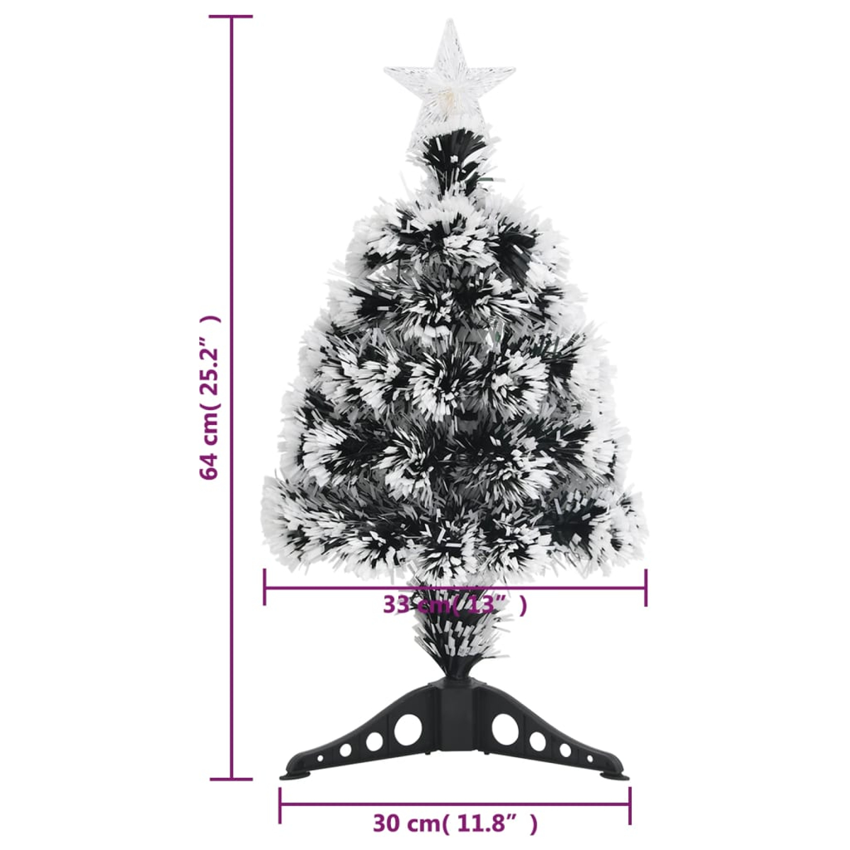Ein kleiner schwarz-weißer Weihnachtsbaum mit einem Stern oben. Er steht auf einem schwarzen Ständer, und die Maße sind angegeben.