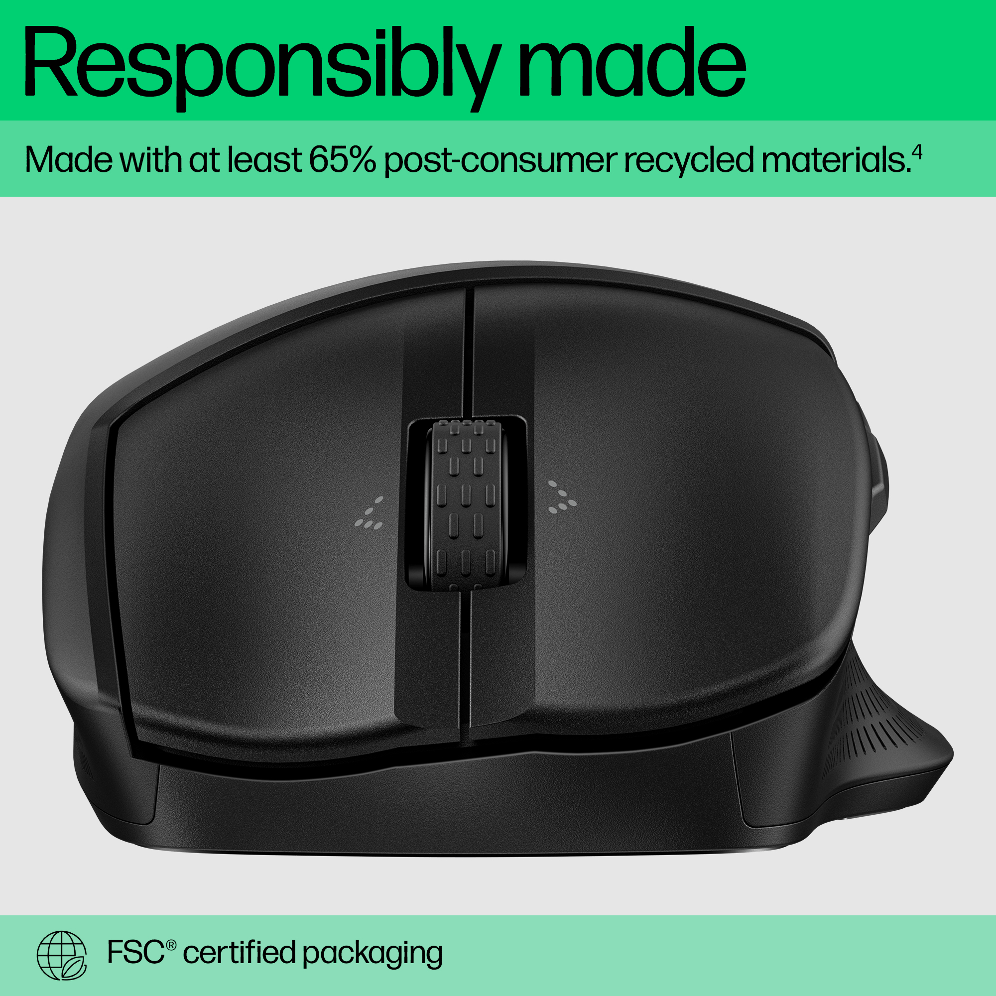 Un ratón ergonómico negro con una rueda de desplazamiento. El fondo es blanco. El texto superior dice 'Responsablemente hecho'.