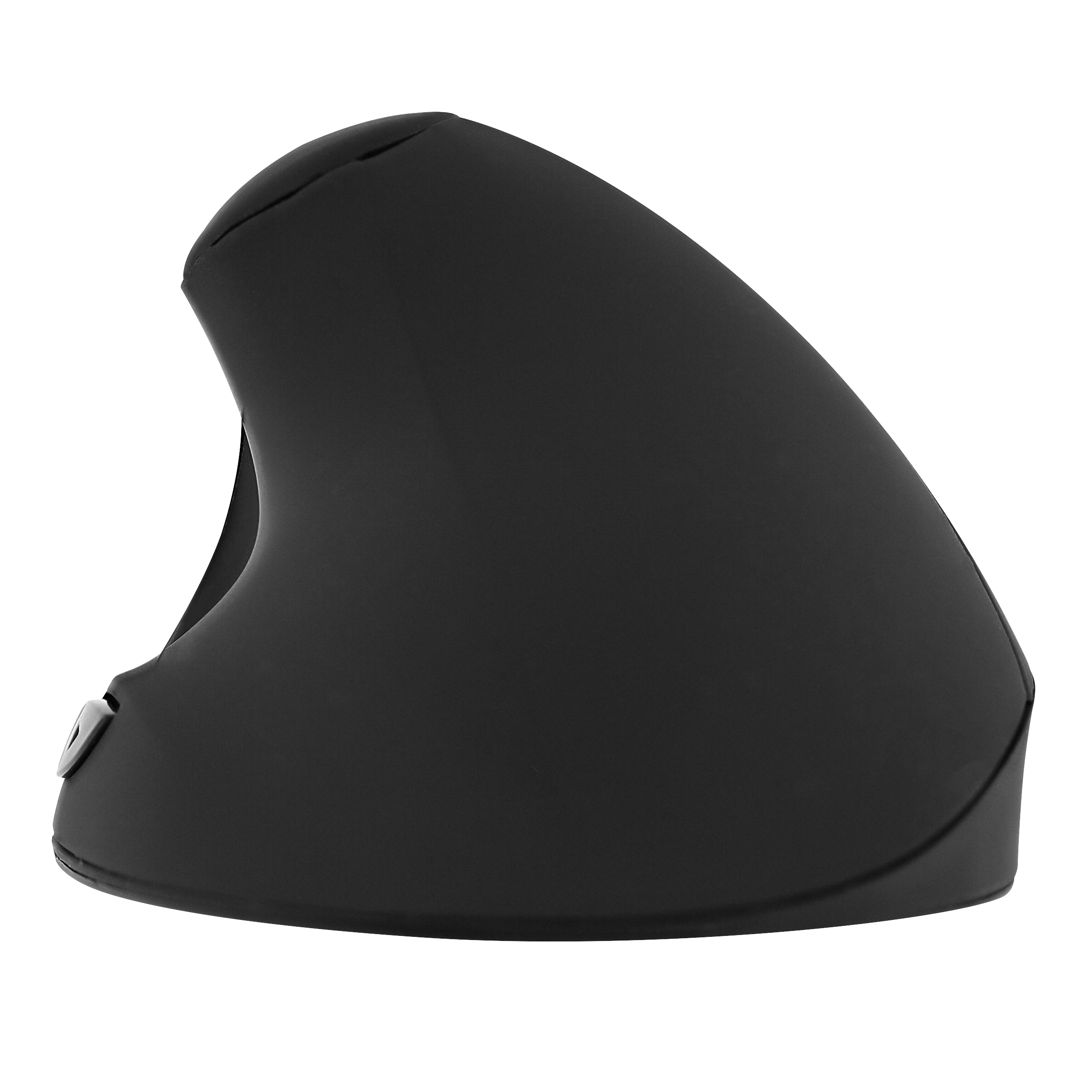 Un mouse ergonomico verticale nero su sfondo bianco. Ha una forma curva e un pulsante laterale.
