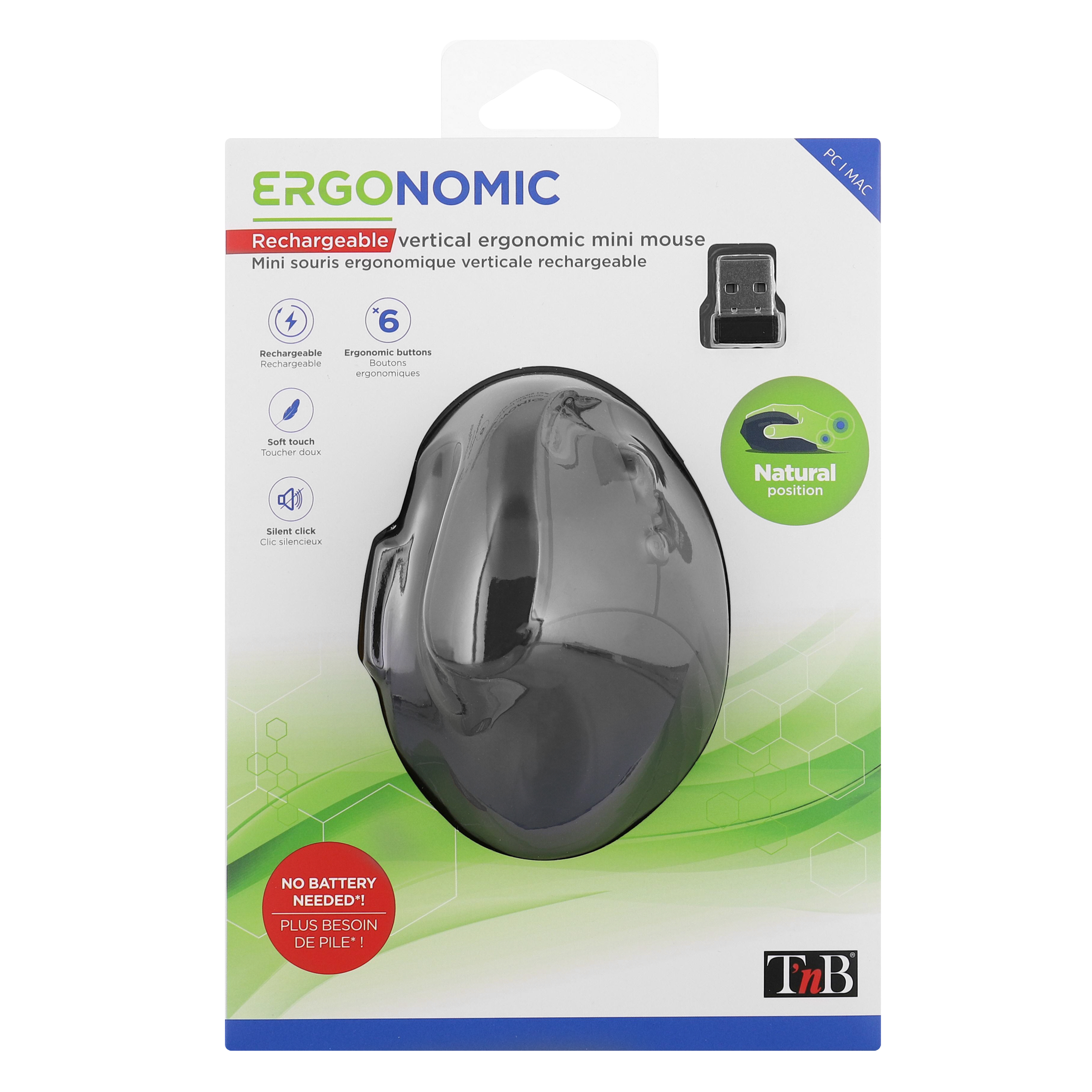 Una scatola con un mini mouse ergonomico verticale. Il mouse è nero e ha 6 pulsanti.