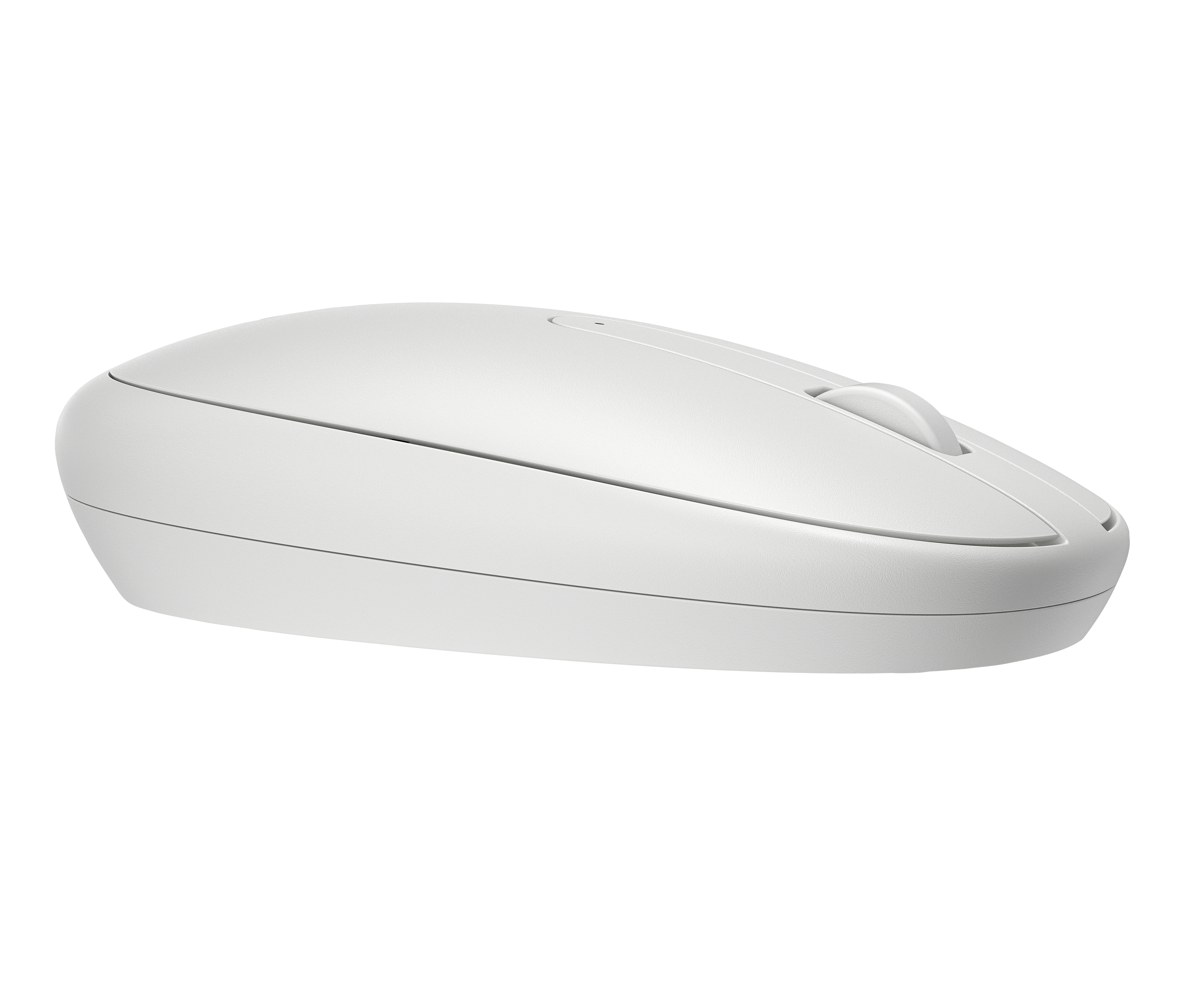 Un ratón de ordenador blanco. Tiene una rueda de desplazamiento y dos botones. El fondo es blanco liso.