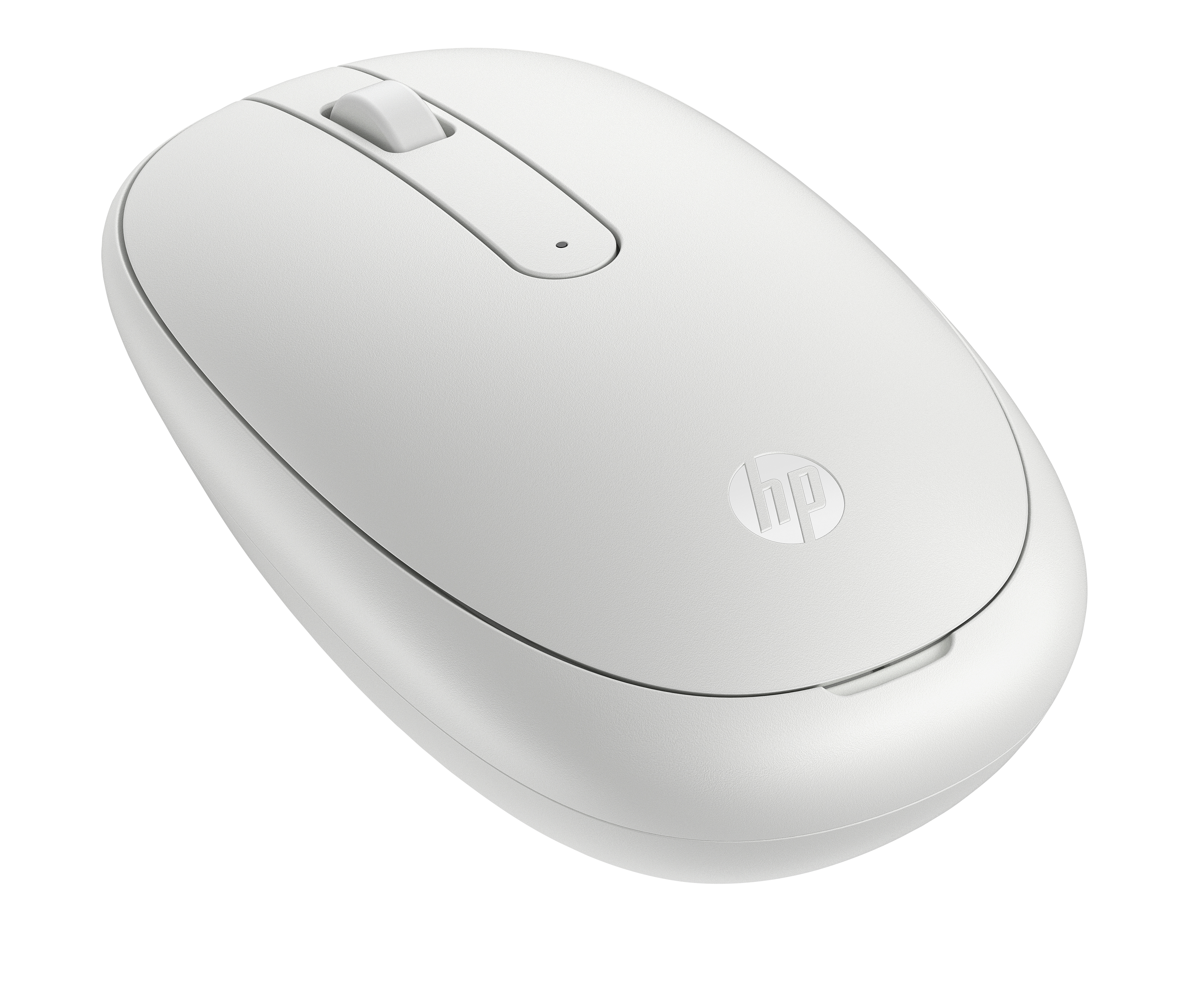 Un ratón inalámbrico HP blanco. Tiene una rueda de desplazamiento, un botón de encendido y el logo de HP.