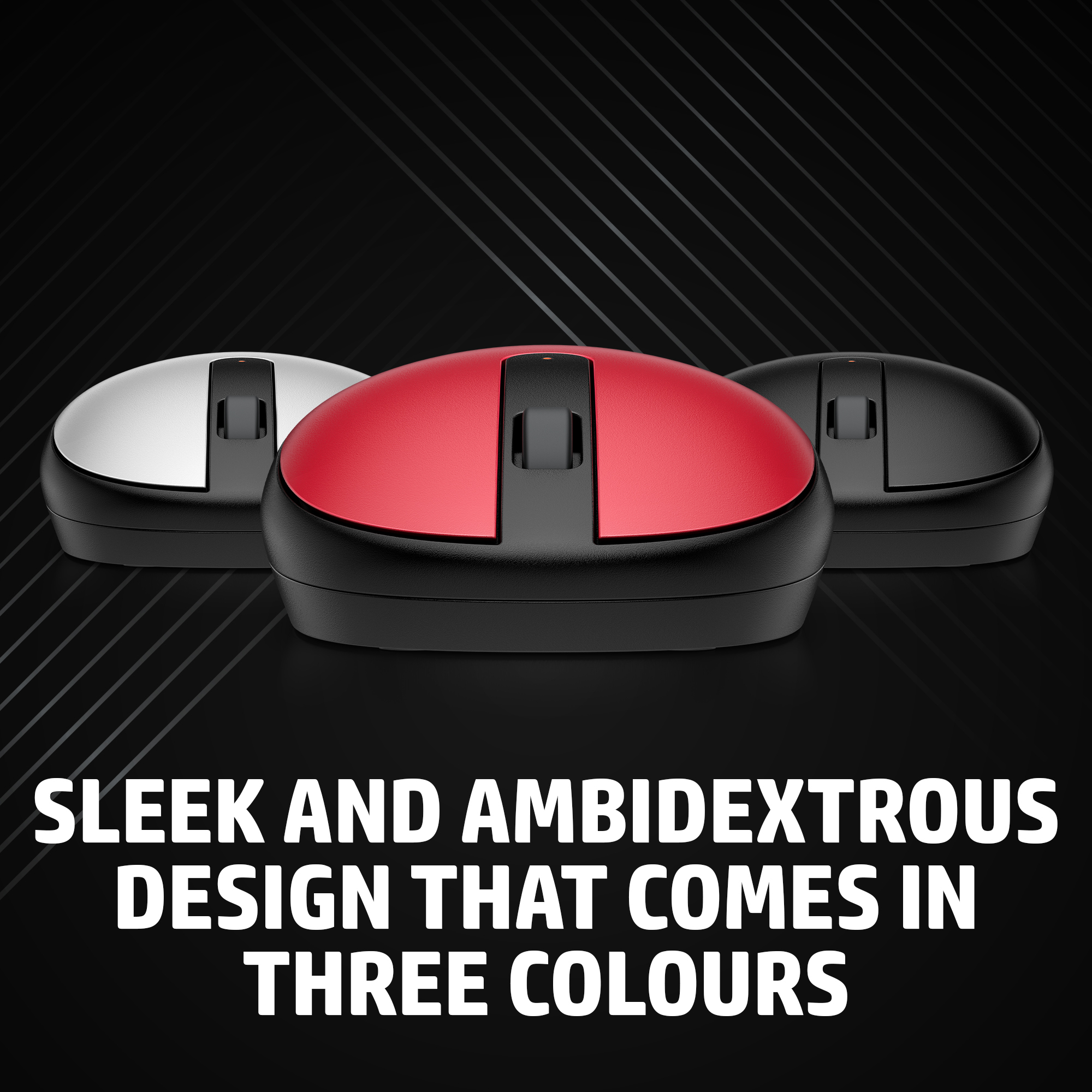 Tres ratones de ordenador, plata, rojo y negro, sobre un fondo negro con texto 'Sleek and ambidextrous design that comes in three colours'.