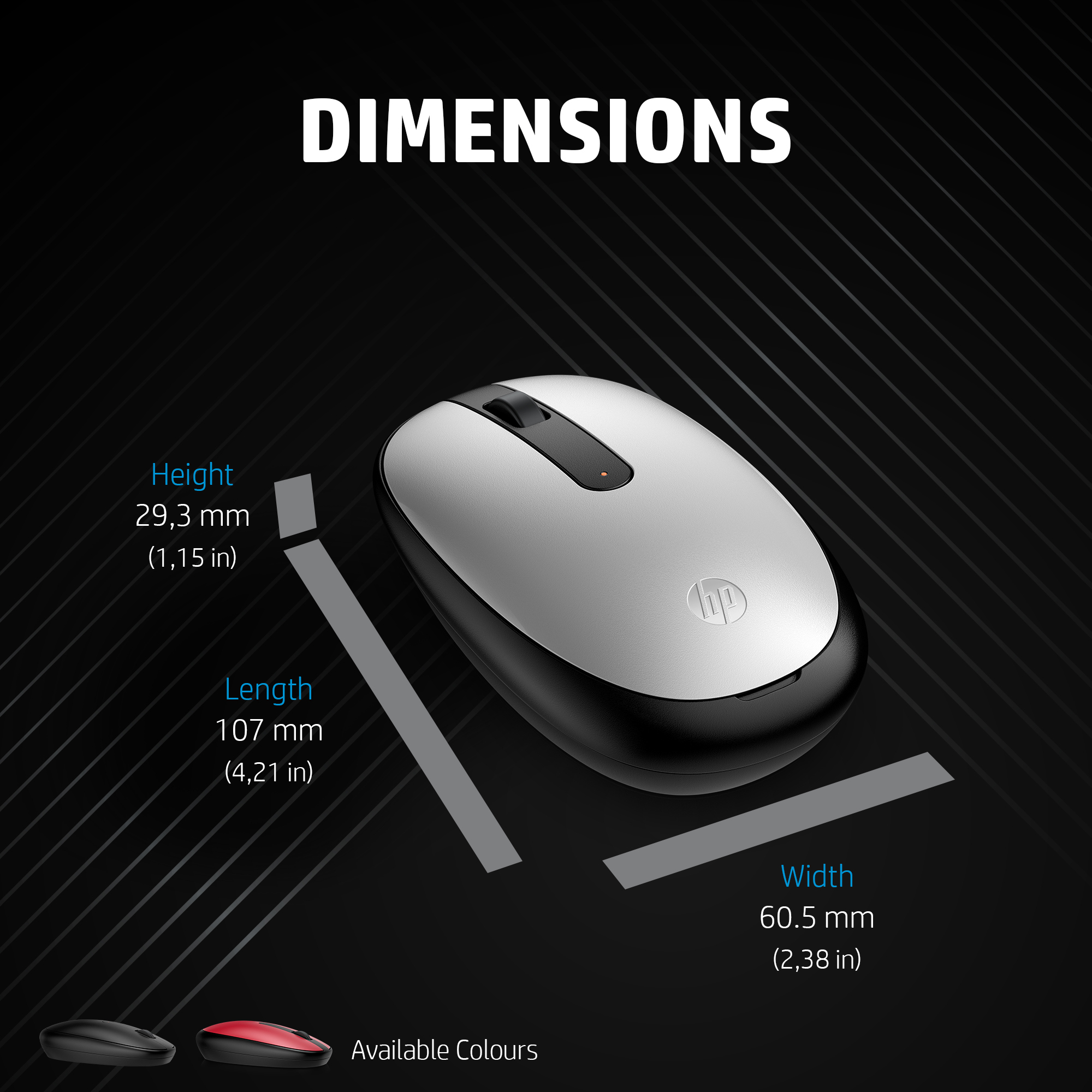 Un ratón HP con dimensiones mostradas. El ratón es plateado y negro. Los colores disponibles son negro y rojo.