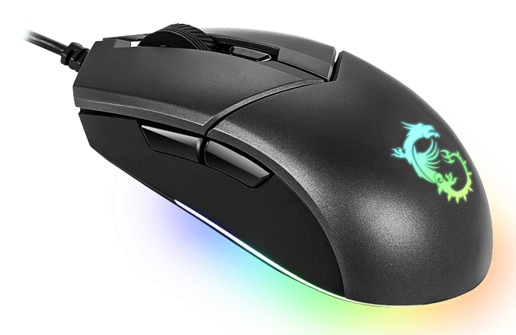 Ratón gaming negro con logo de dragón. Tiene rueda de desplazamiento, botones laterales y base iluminada multicolor.