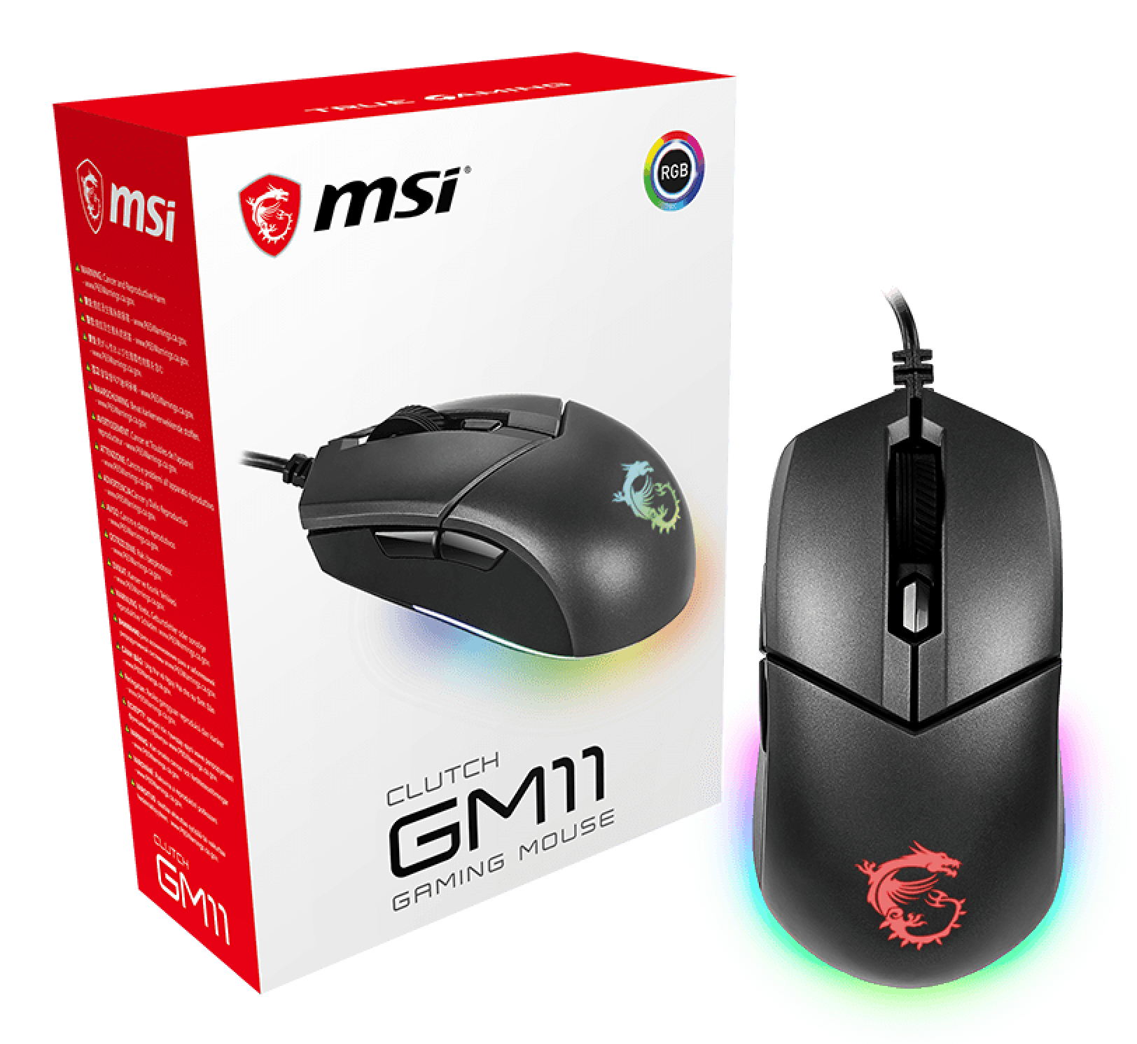 Un ratón gaming MSI Clutch GM11 negro y su caja. La caja es blanca y roja, el ratón tiene iluminación RGB.