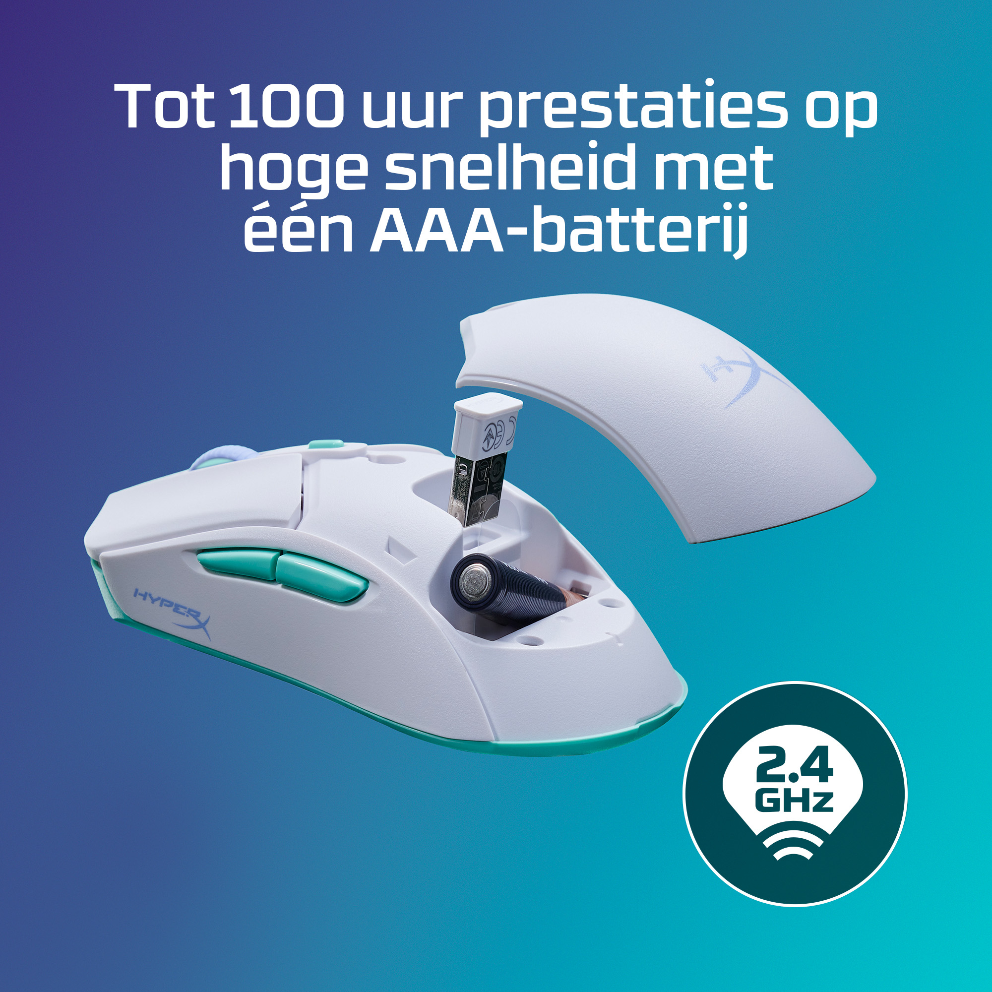 Biała mysz do gier z turkusowym akcentem. Otwarta górna pokrywa, odsłania baterie. Tekst: 100h wydajności.