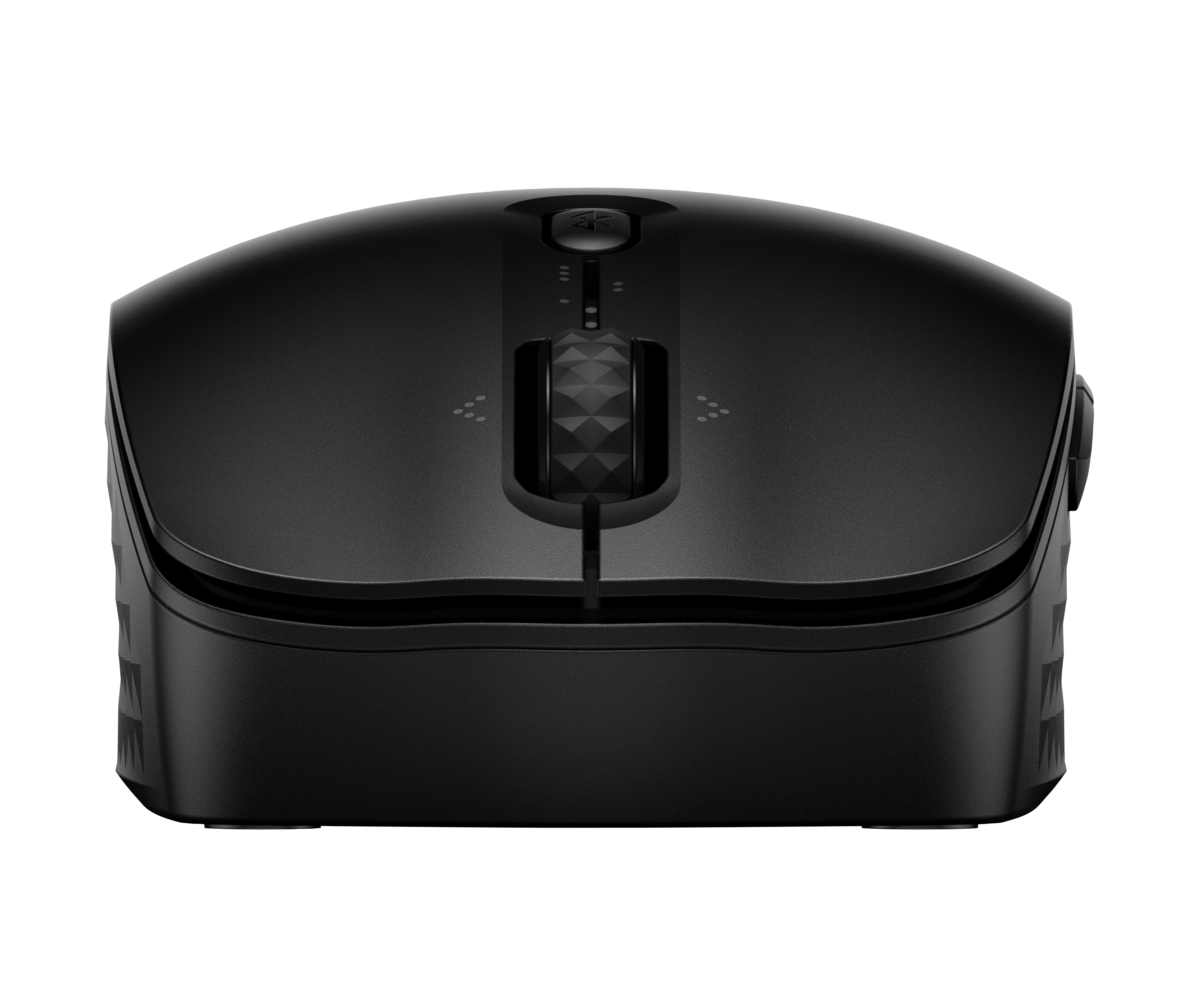 Viene mostrato un mouse per computer nero. Ha una rotella di scorrimento, pulsanti e una superficie strutturata. Lo sfondo è bianco.