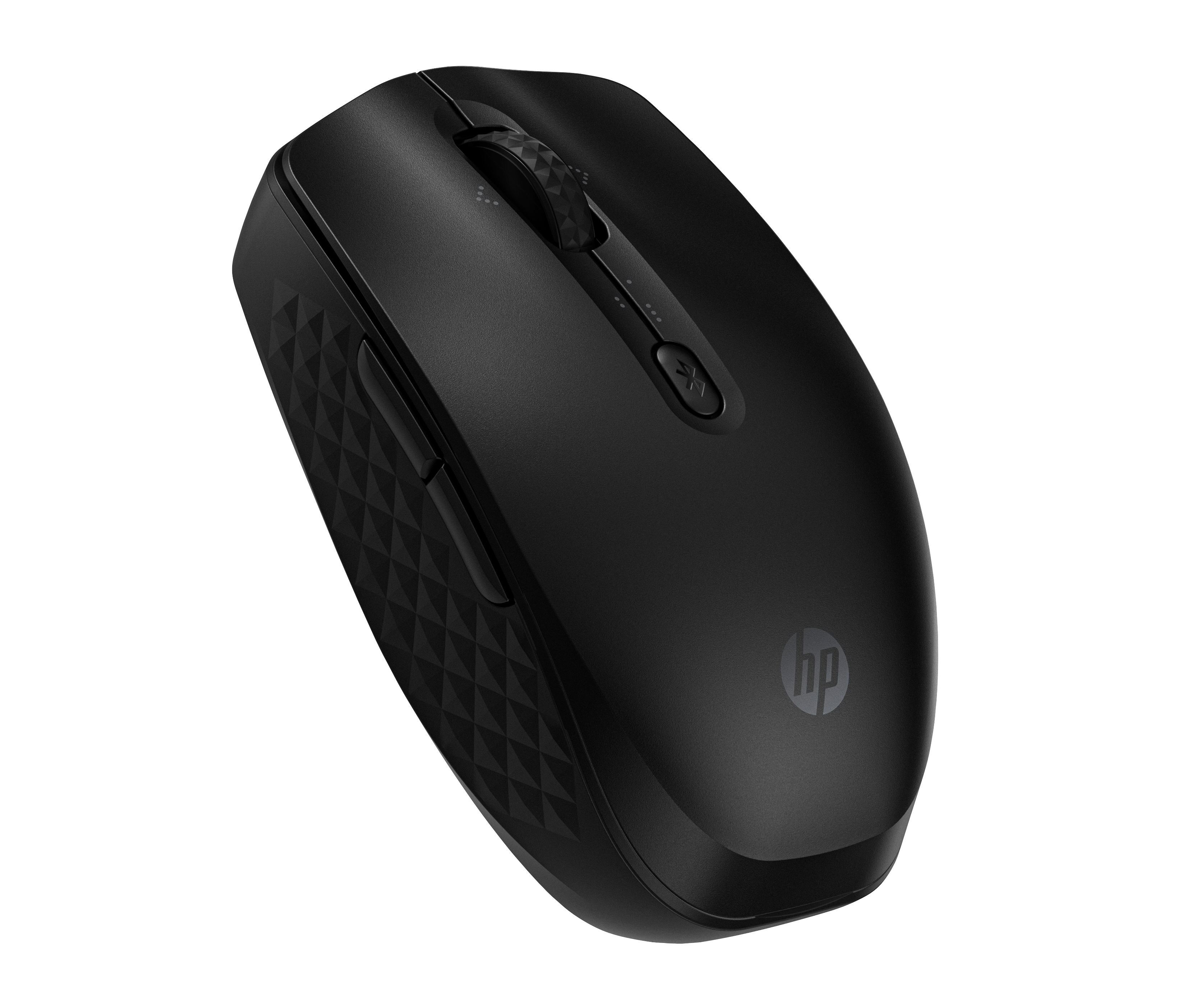 Mouse wireless HP nera su sfondo bianco. Con rotella, pulsanti e logo HP.