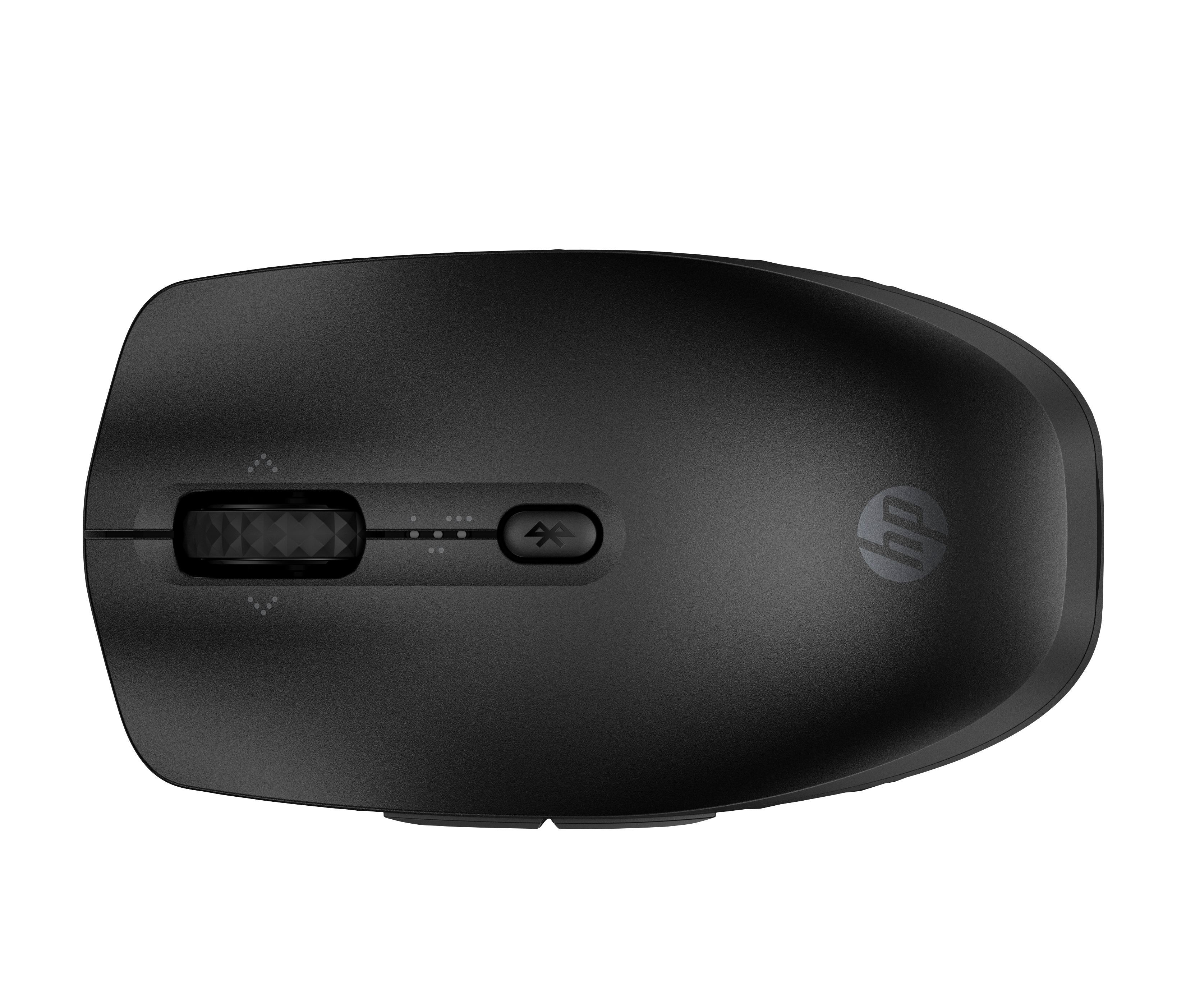 Un mouse wireless HP nero con pulsanti, rotella di scorrimento e logo HP. Sfondo bianco.