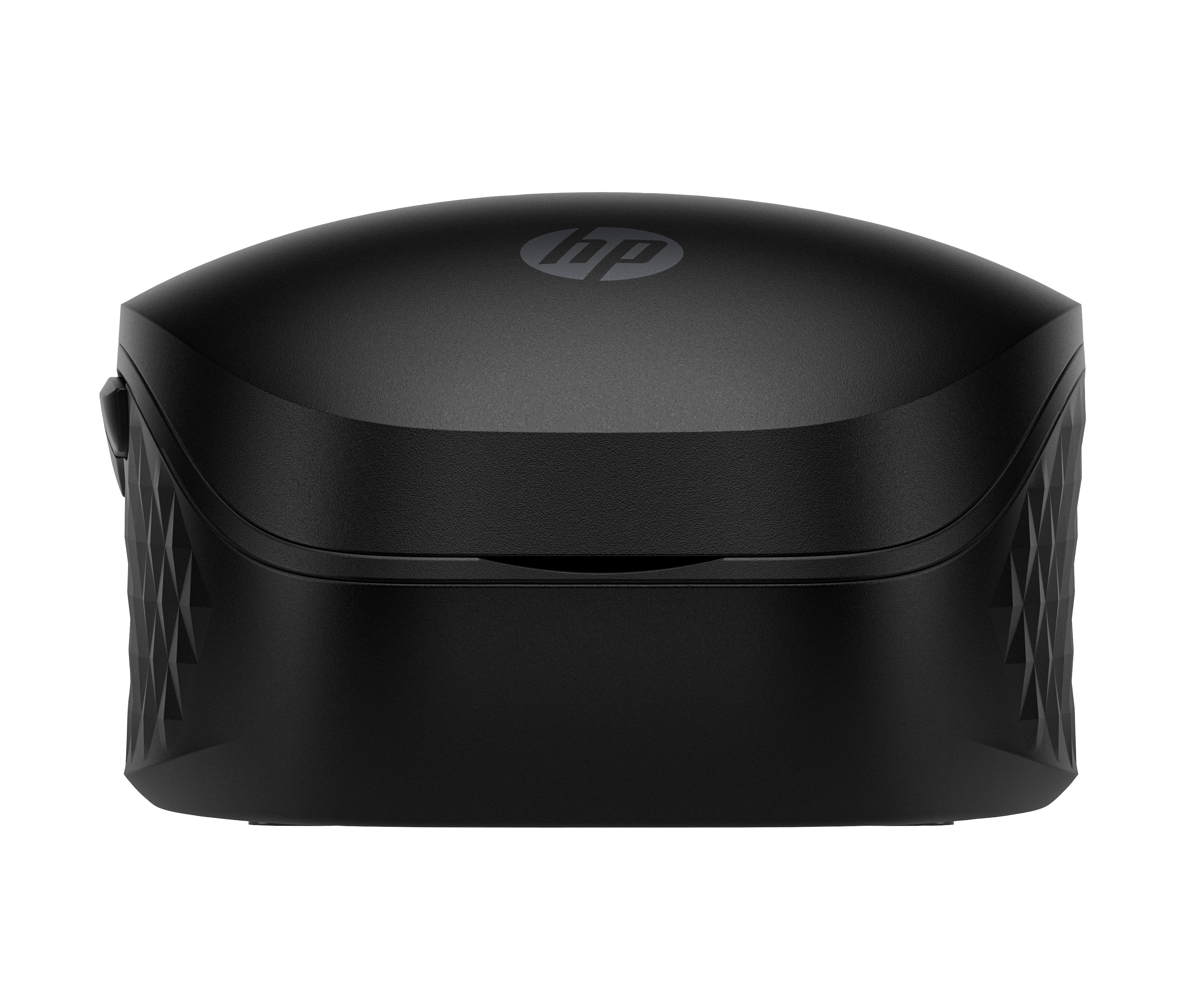 Un mouse HP nero con logo HP centrato. Il mouse ha una superficie strutturata e un design geometrico sui lati.