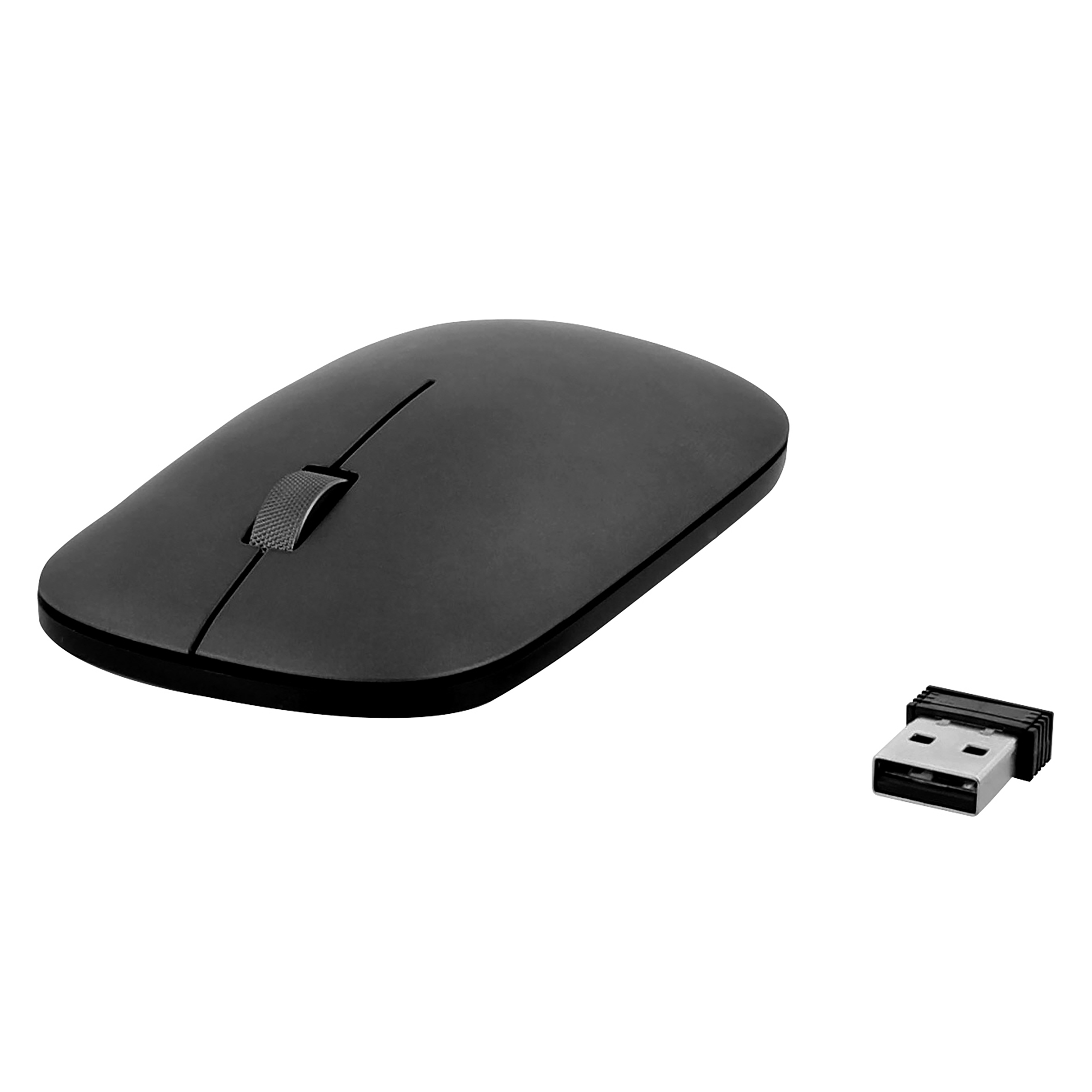 Czarna bezprzewodowa mysz komputerowa i odbiornik USB na białym tle. Mysz ma kółko przewijania.