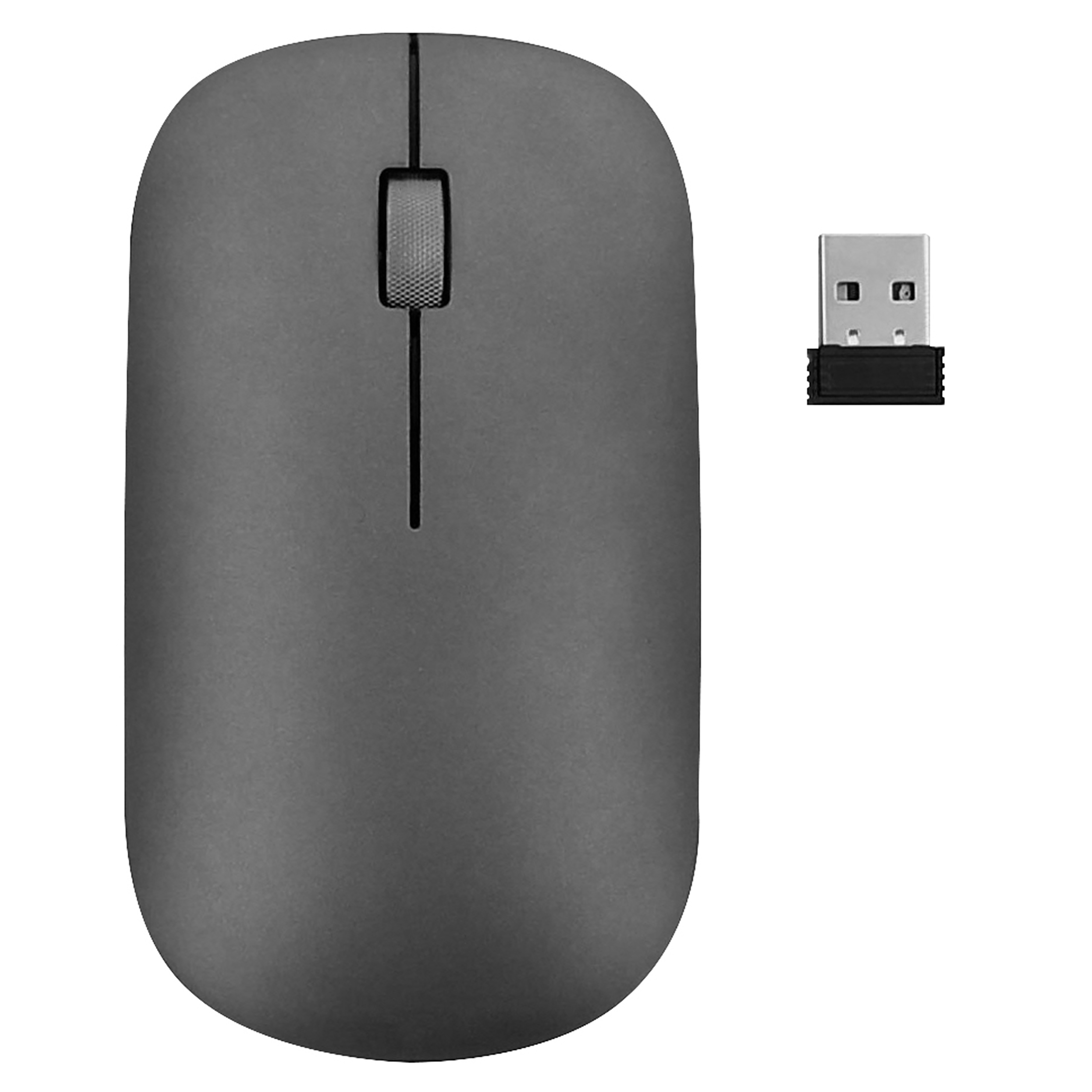 Szara mysz bezprzewodowa i jej odbiornik USB. Mysz ma owalny kształt z kółkiem przewijania. Odbiornik jest prostokątny.