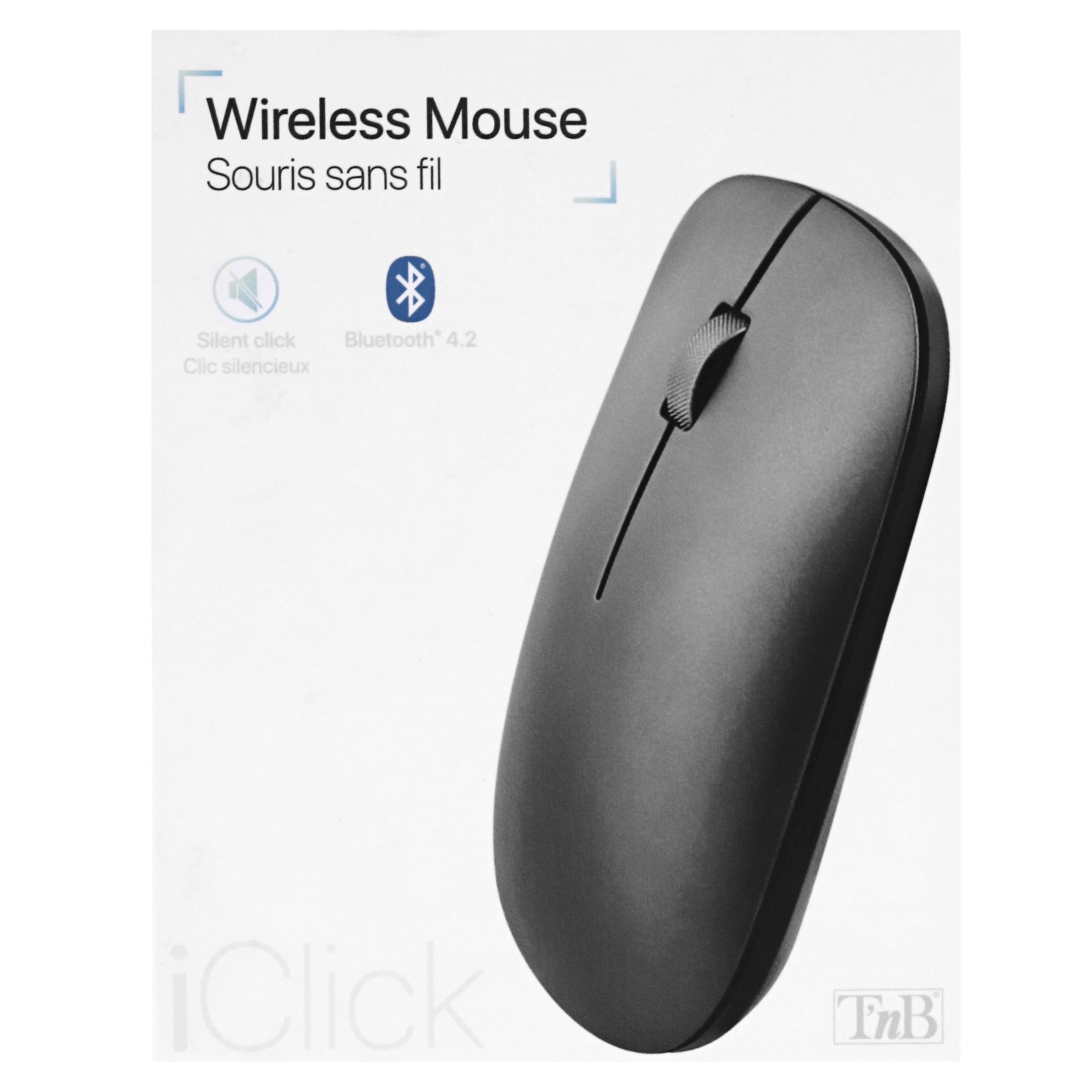 Szara mysz bezprzewodowa z kółkiem przewijania. Tekst zawiera 'Wireless Mouse' i 'Bluetooth 4.2'.