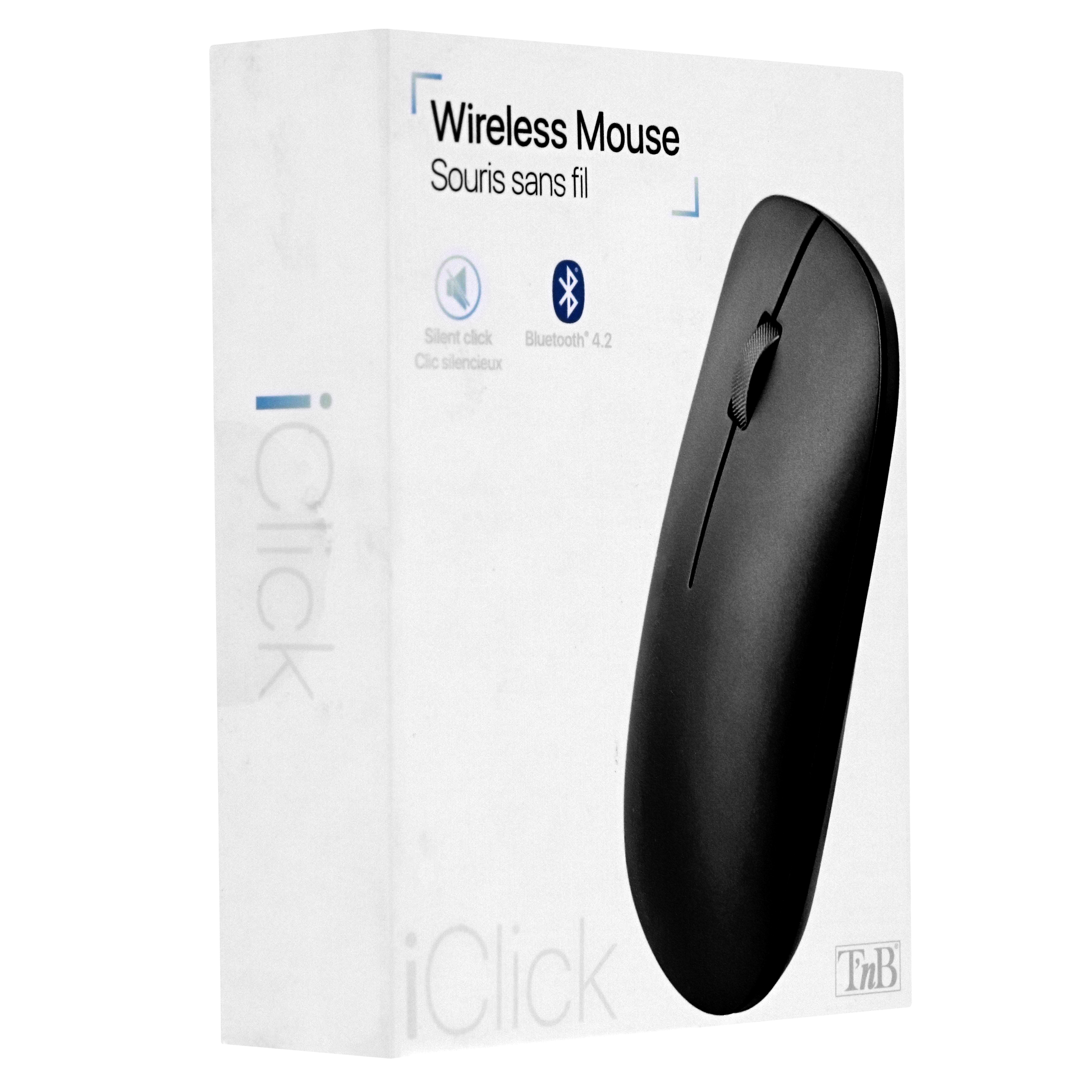 Czarna mysz bezprzewodowa na białym pudełku. Tekst: Wireless Mouse, iClick, Bluetooth 4.2, Silent click.