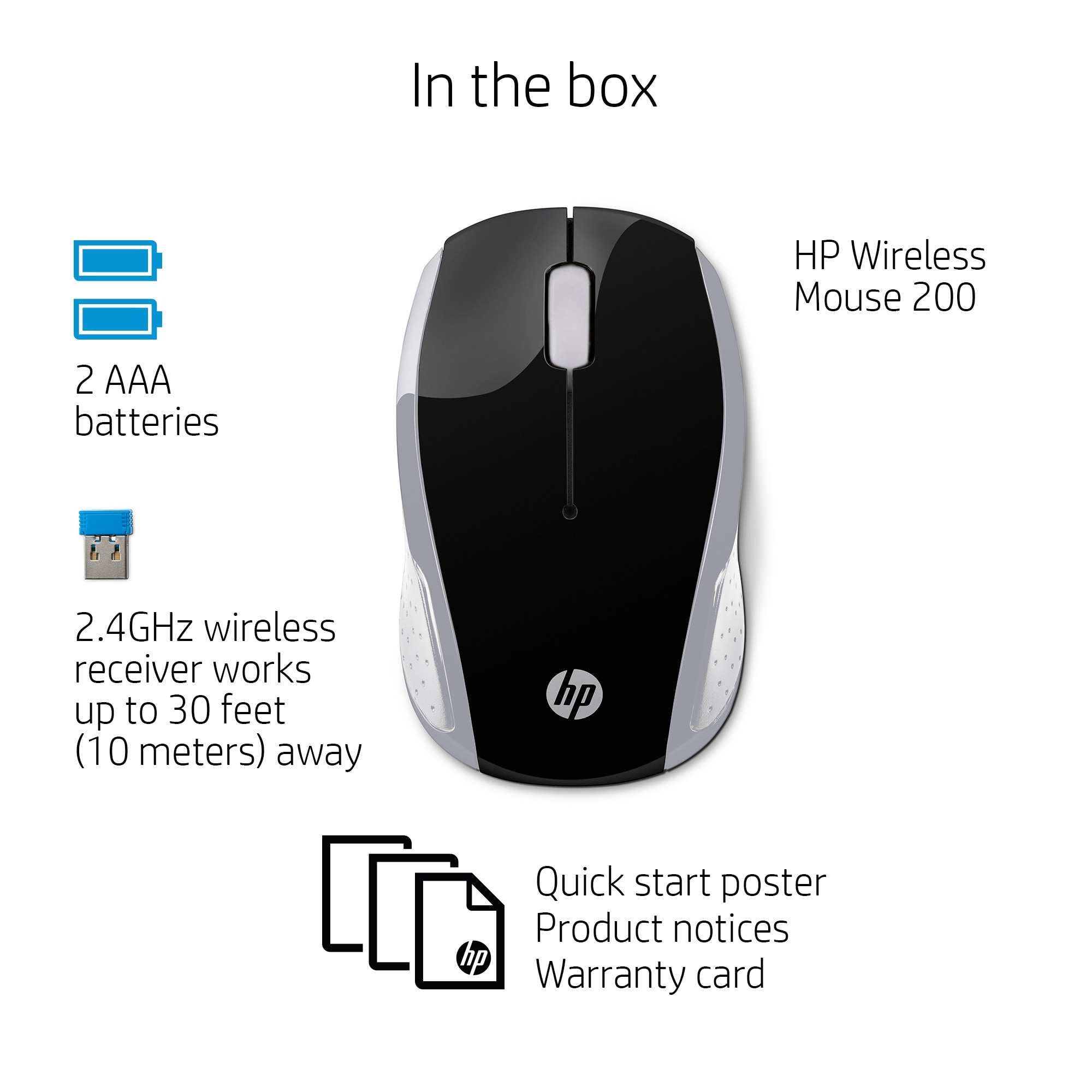 Un ratón inalámbrico HP Wireless Mouse 200 con 2 pilas AAA, un receptor inalámbrico, una guía rápida y una tarjeta de garantía.