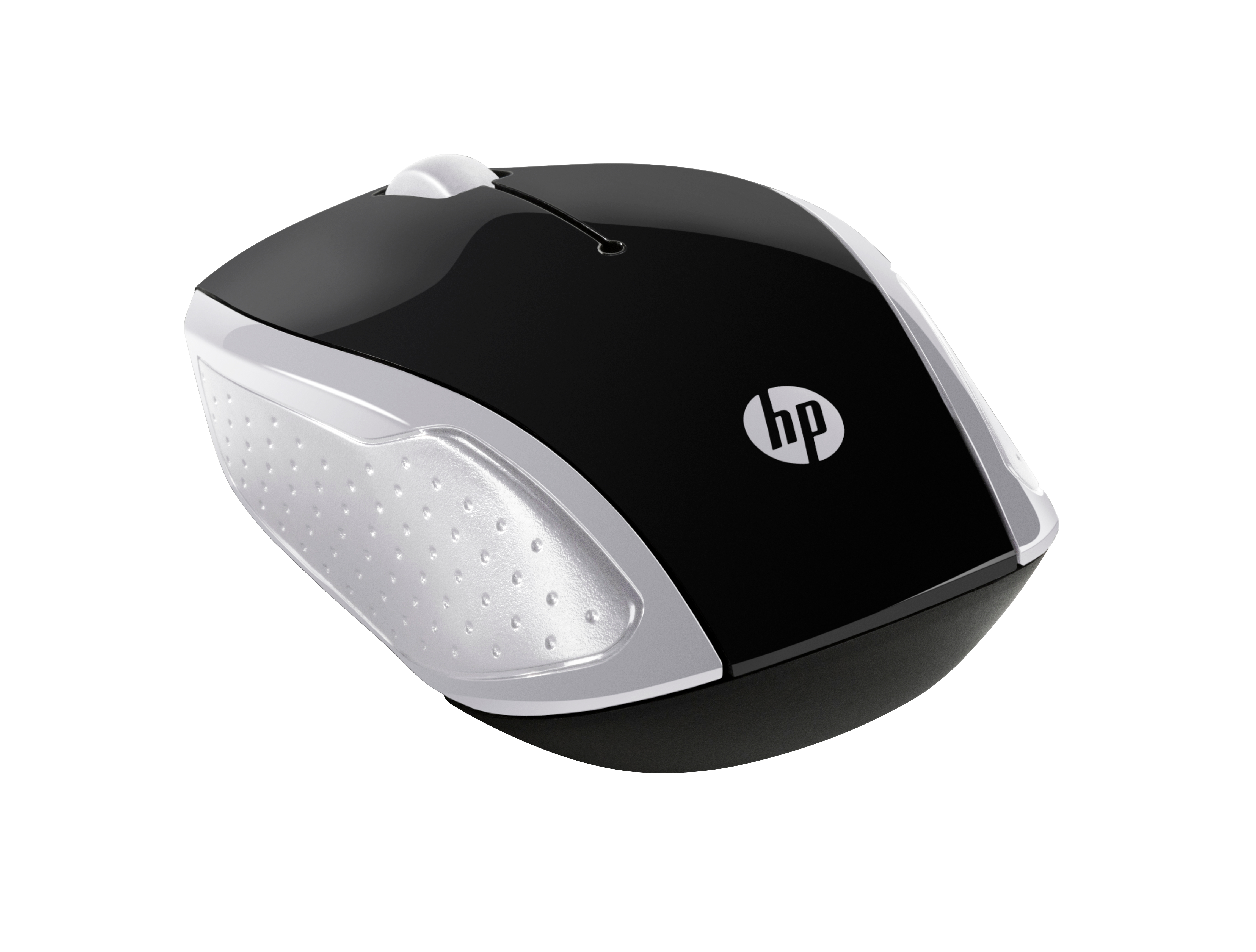 Un ratón HP negro y plateado sobre un fondo blanco. El logotipo de HP está en la parte superior. El ratón está en ángulo.