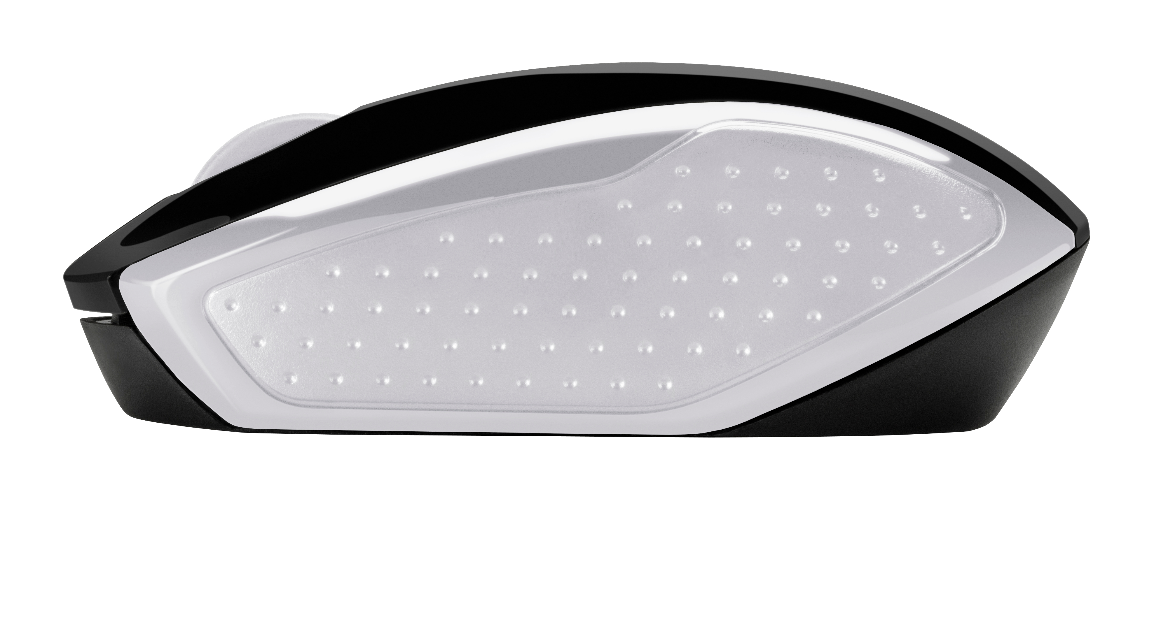 Mysz komputerowa, czarno-biała, widziana z boku. Spód jest biały z małymi wypukłościami. Góra jest czarna.