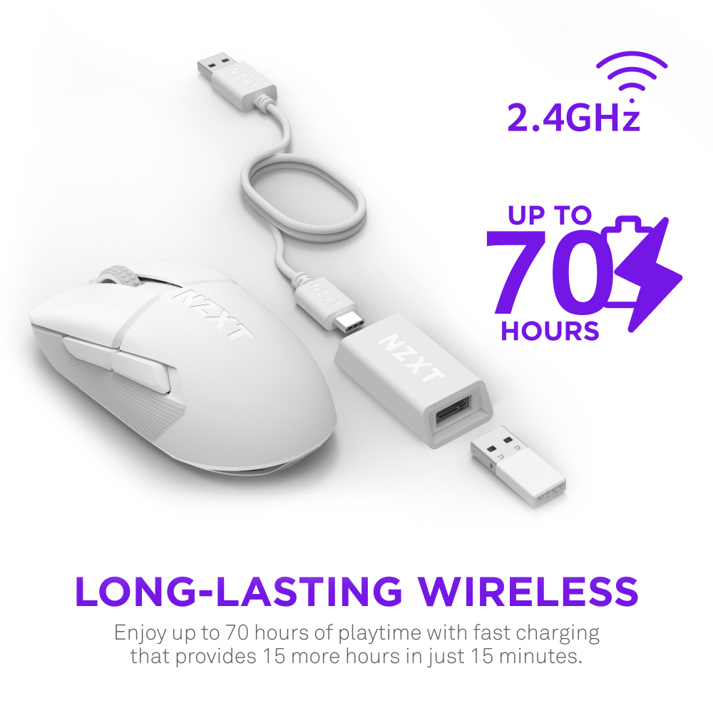 Weiße, kabellose Gaming-Maus, 2,4 GHz, bis zu 70 Stunden Spielzeit. Inklusive USB-Kabel und Empfänger. NZXT-Branding sichtbar.