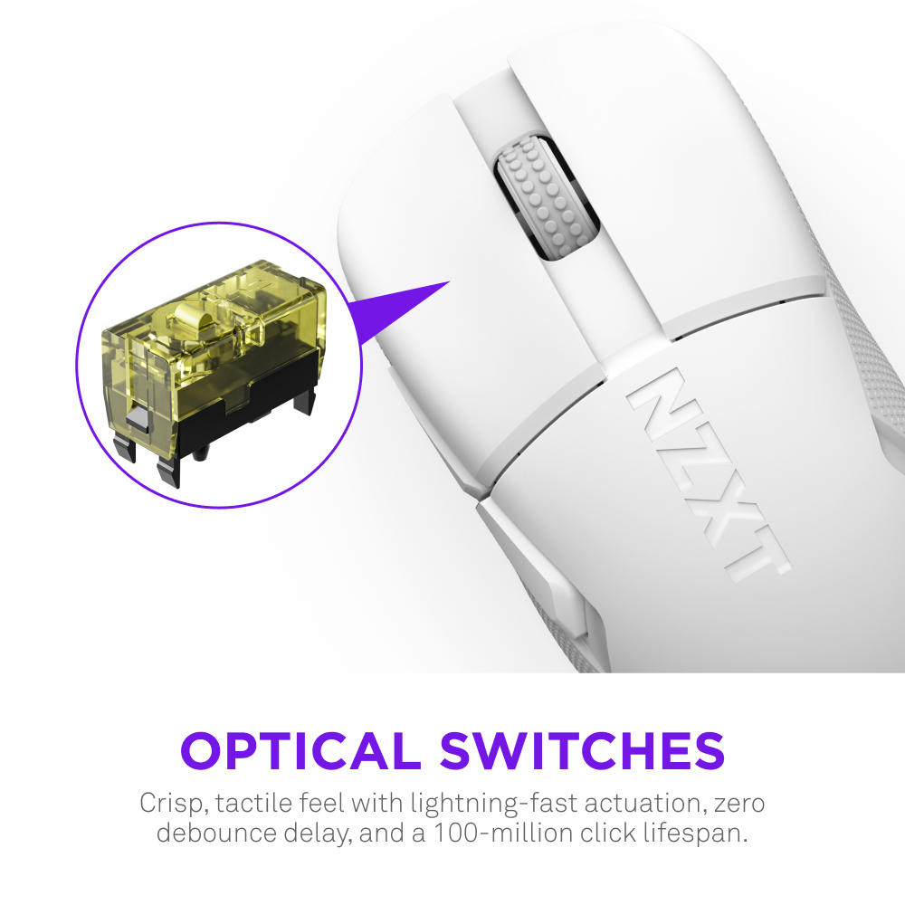 Weiße NZXT-Maus mit Detail des optischen Schalters. Der Schalter wird hervorgehoben und zeigt ein transparentes gelbes Gehäuse.