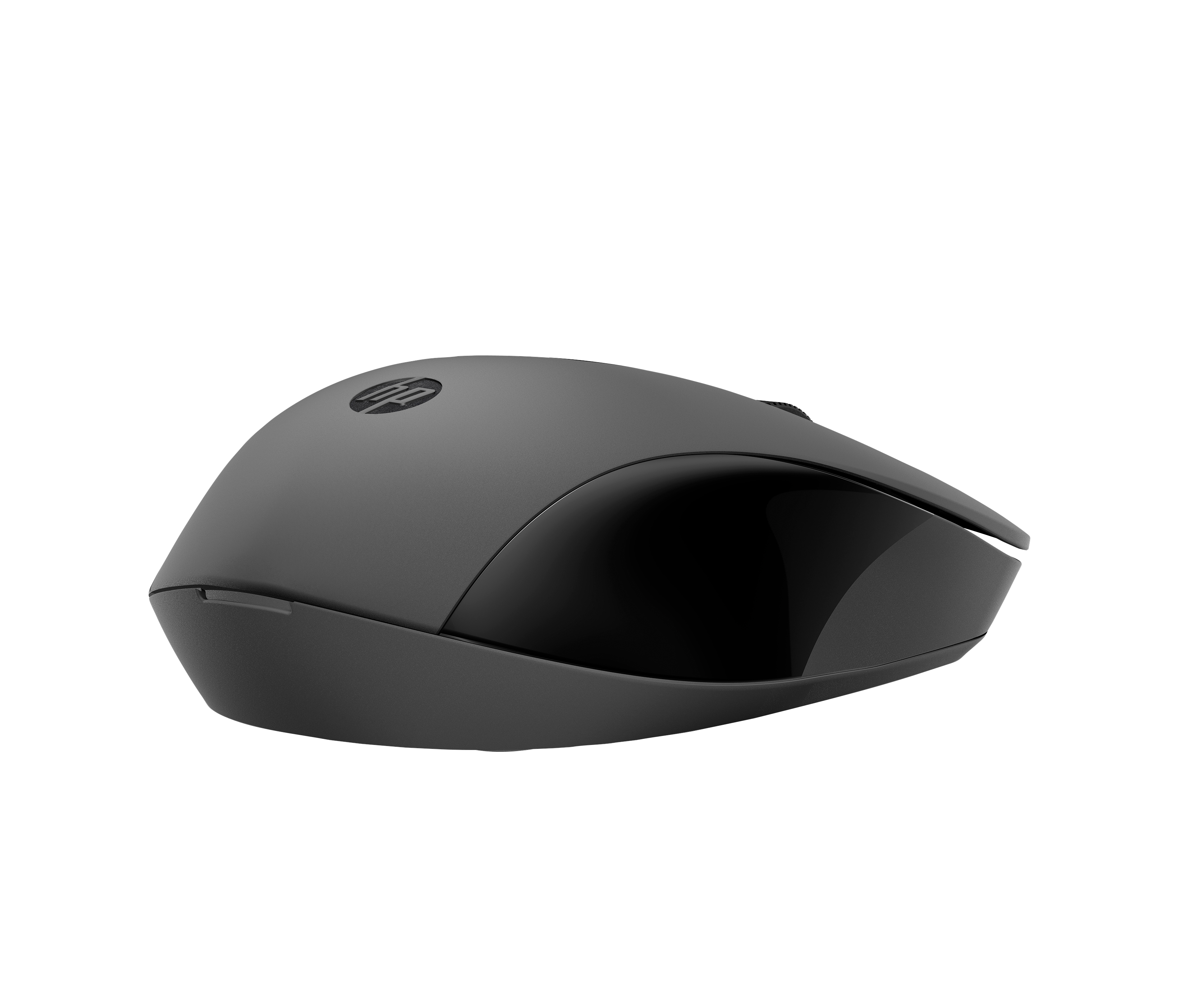 Un ratón inalámbrico HP gris sobre fondo blanco. El ratón tiene un diseño elegante y ergonómico.
